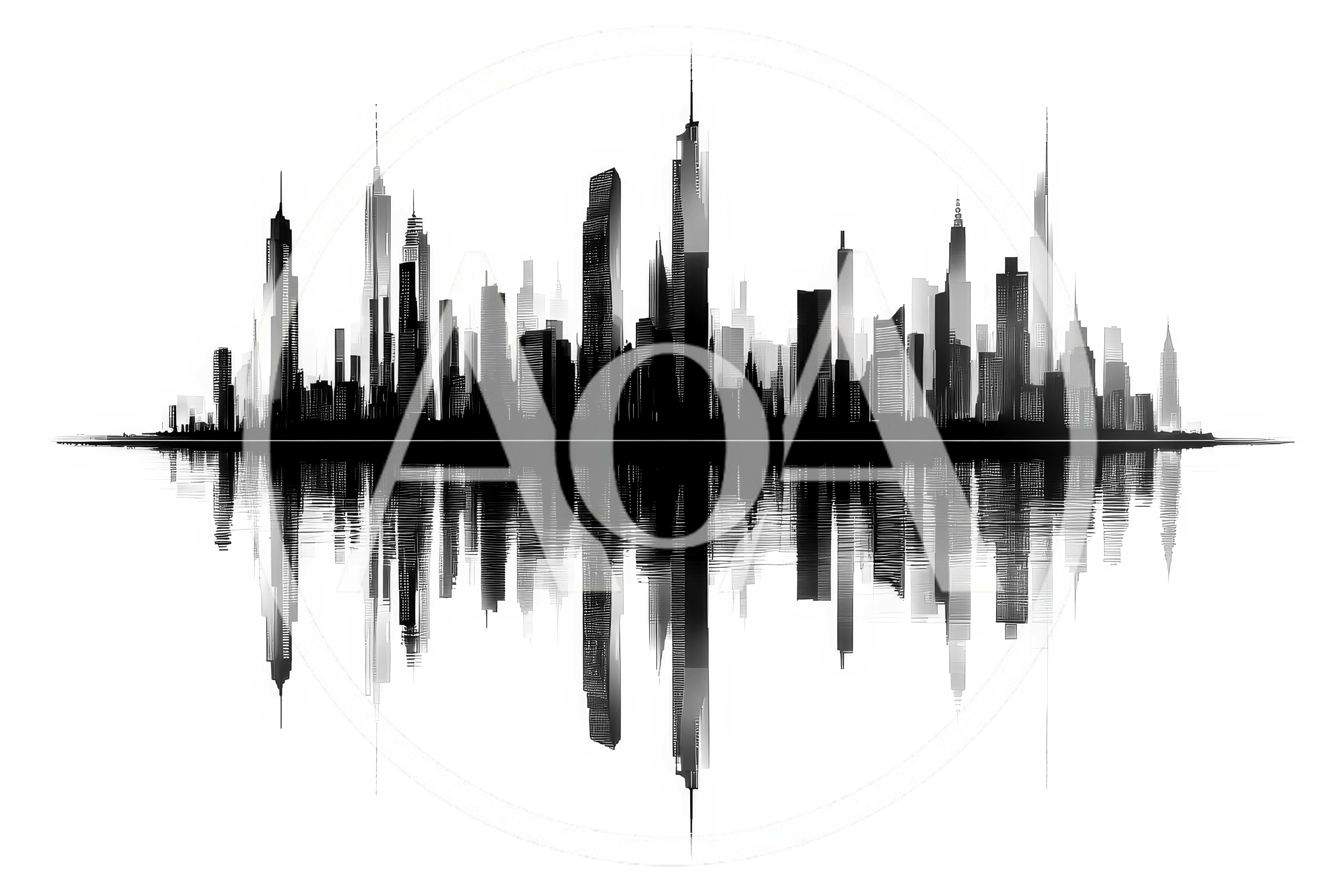 Black and White City Skyline Reflection Illustration