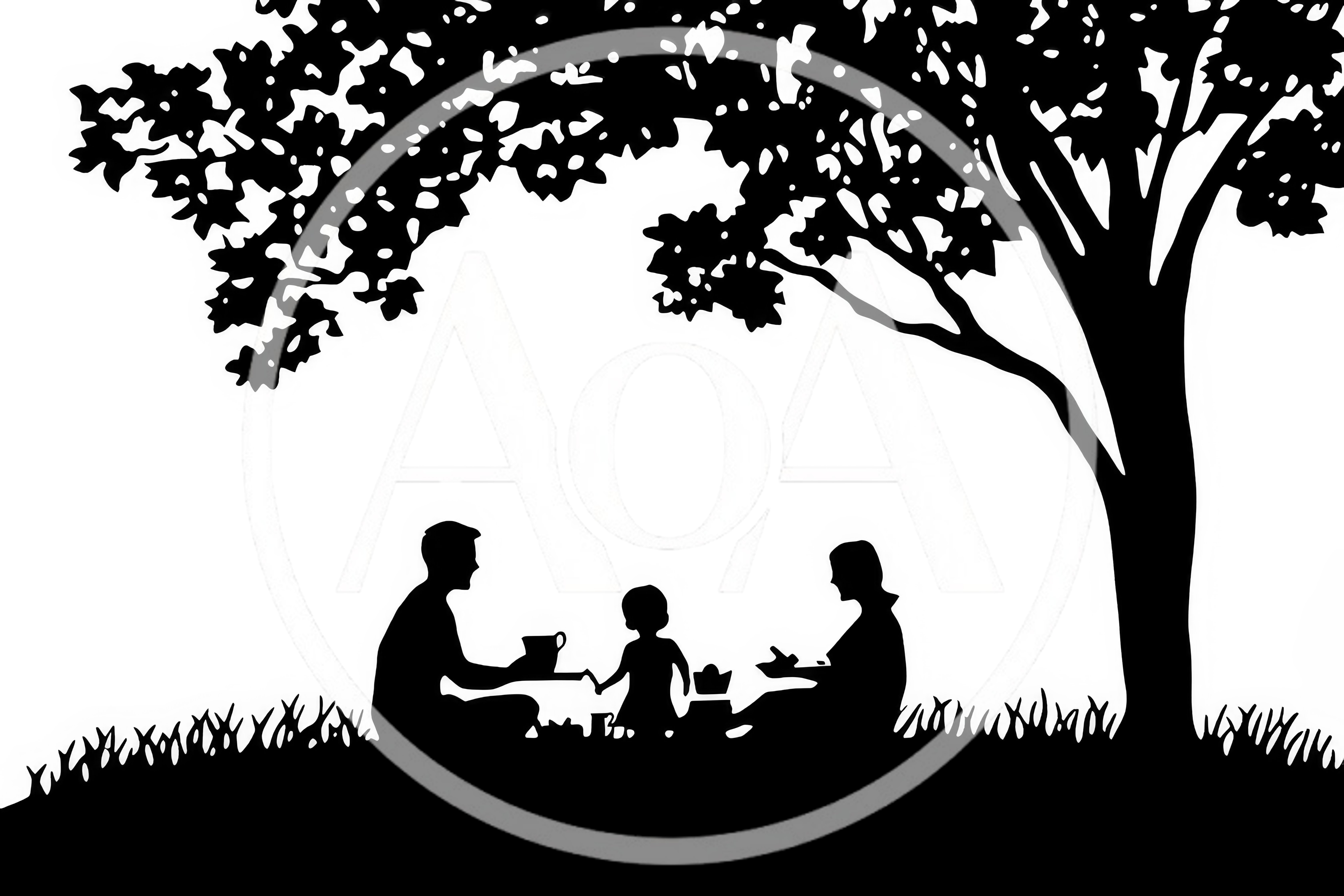 Silhouette Of A Family Having A Picnic Under A Tree