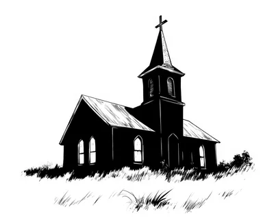 Black and White Ink Illustration of a Country Church