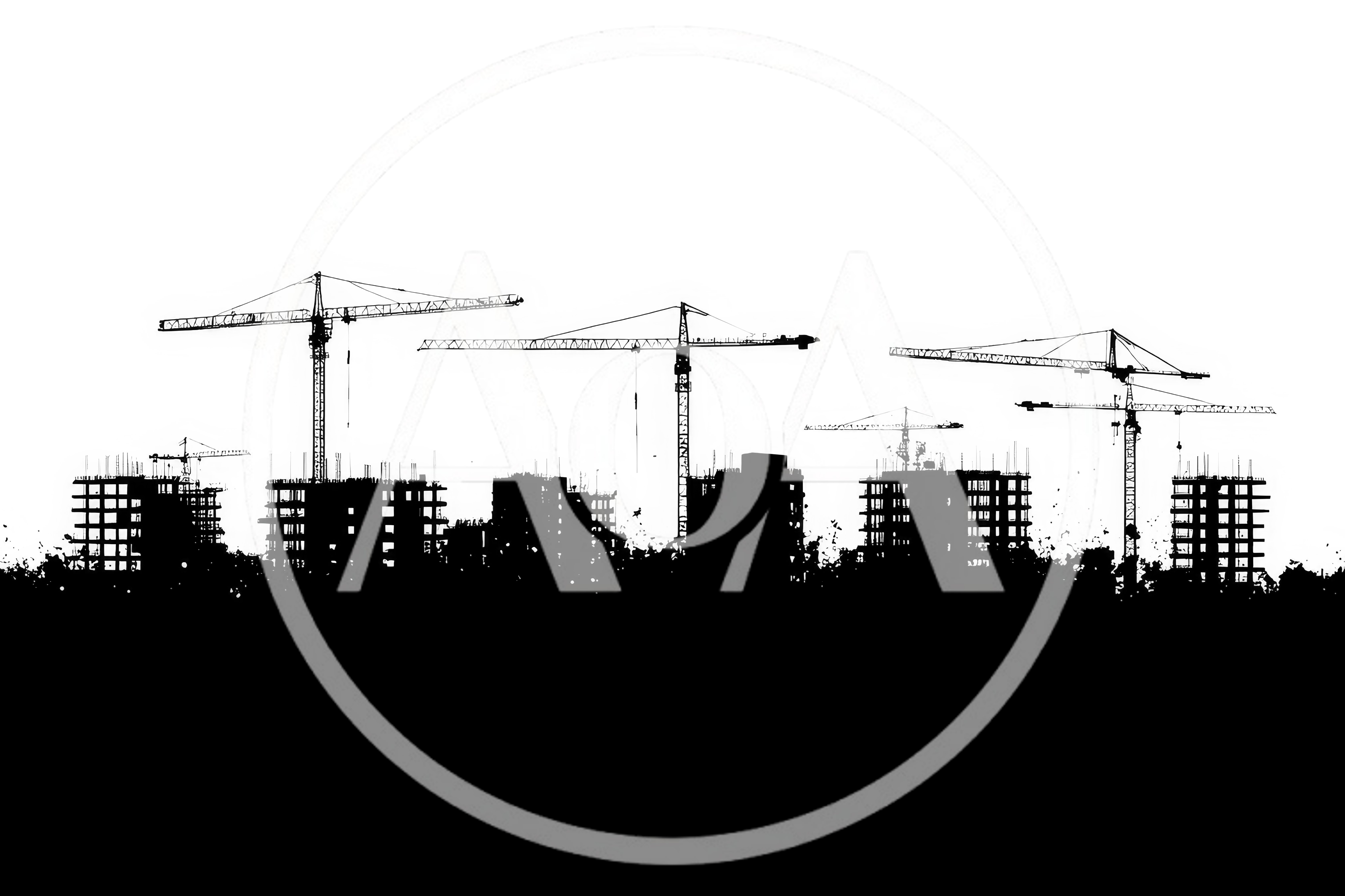 Construction Site Silhouette With Tower Cranes And Buildings