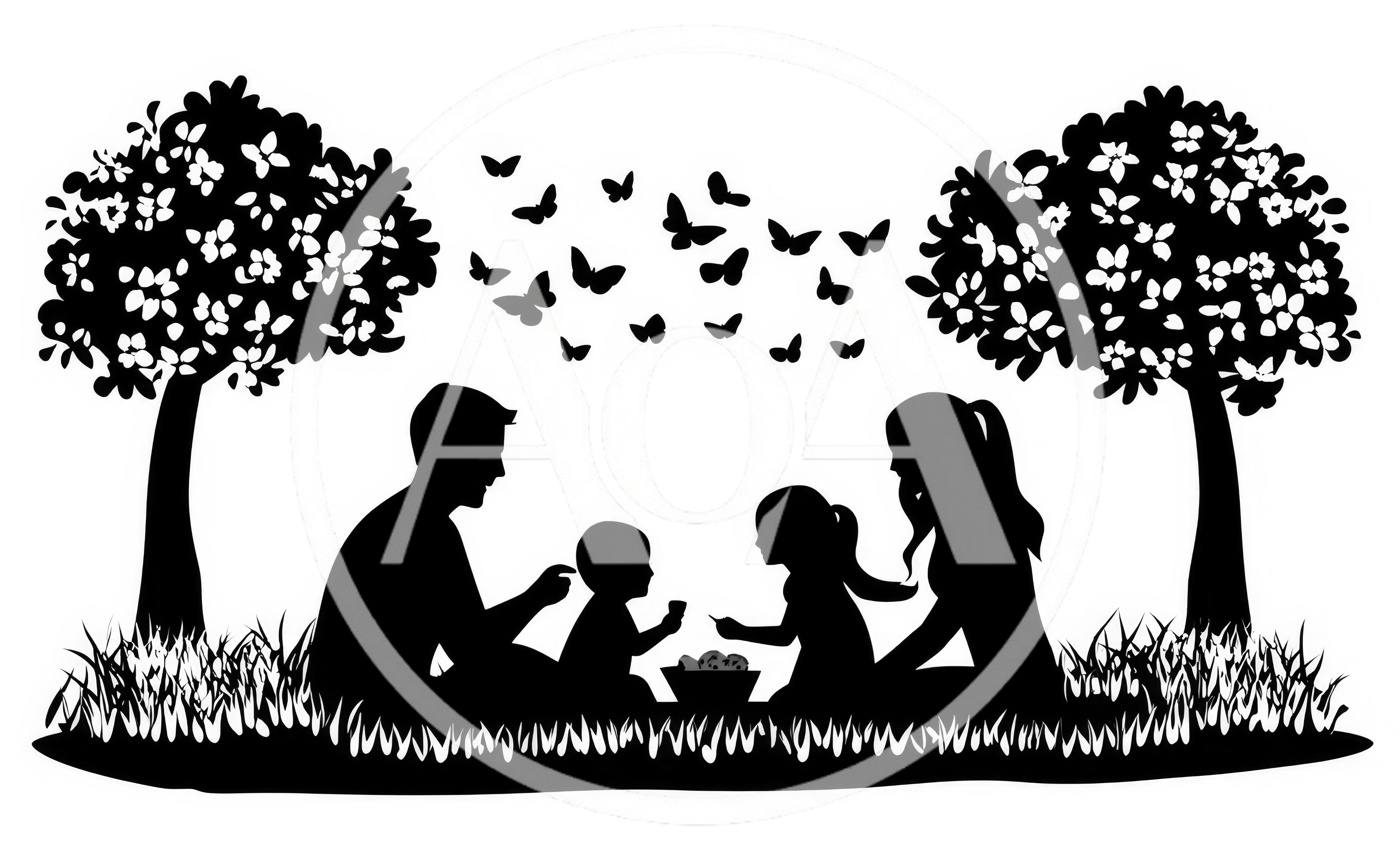 Silhouette of a Family Having a Picnic Outdoors