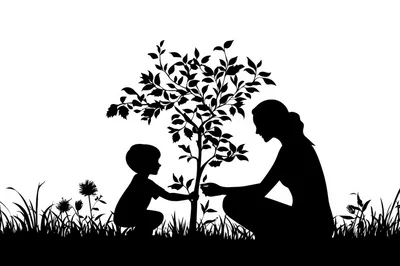 Mother and Child Planting a Tree Silhouette