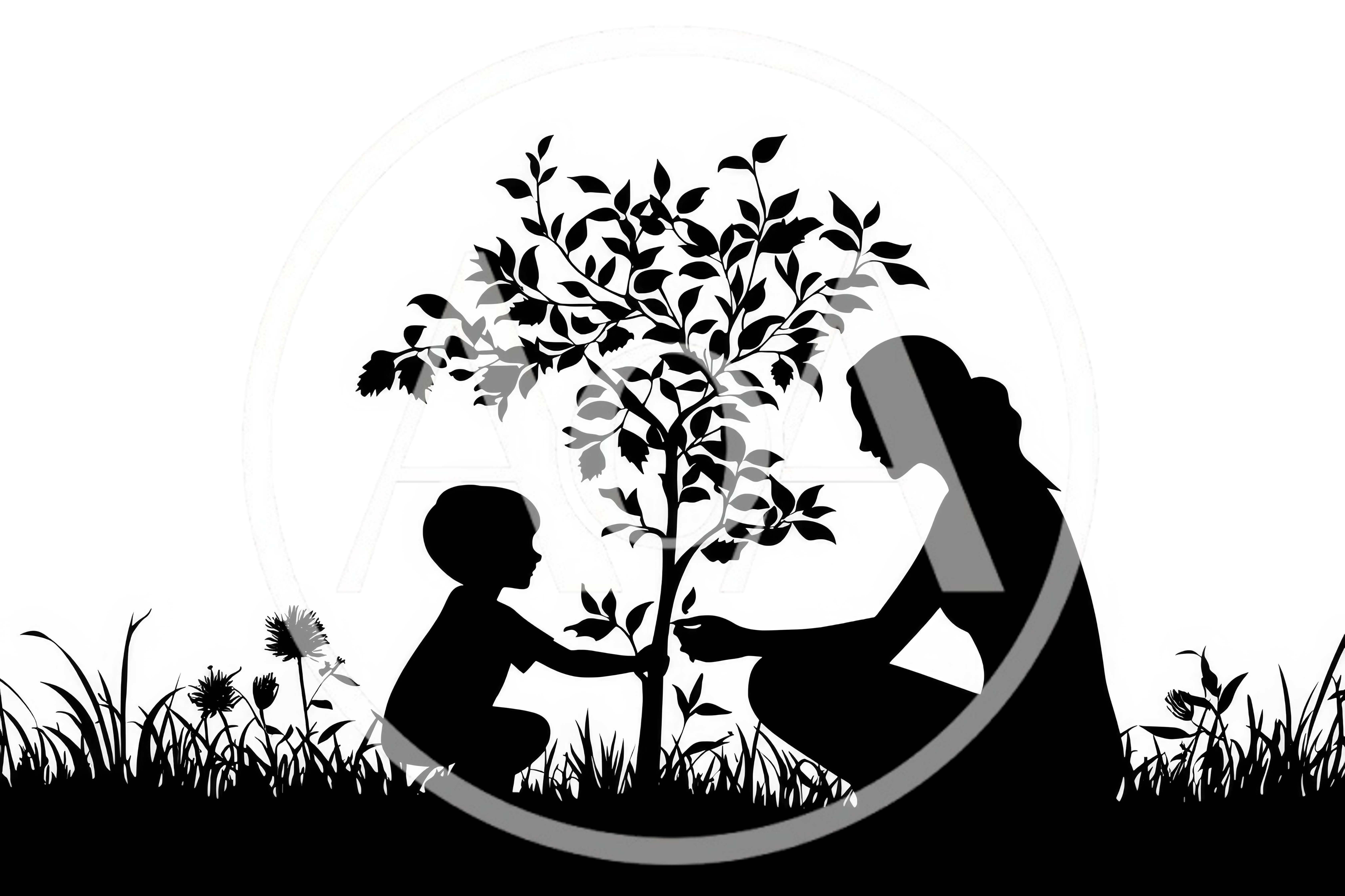 Mother and Child Planting a Tree Silhouette