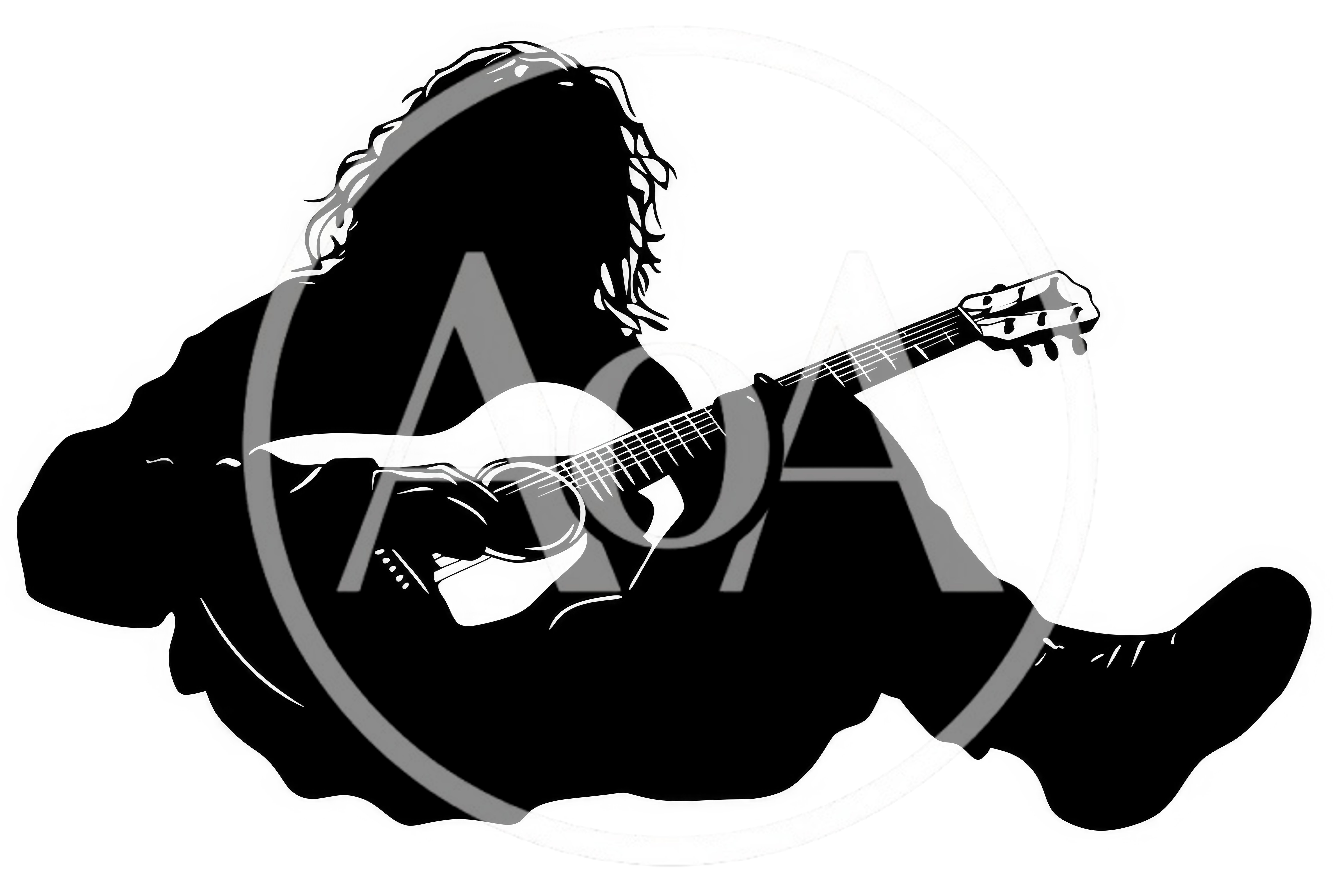 Silhouette Of A Long Haired Musician Playing Acoustic Guitar