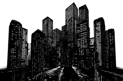 Black and White Digital Illustration of City Skyscrapers