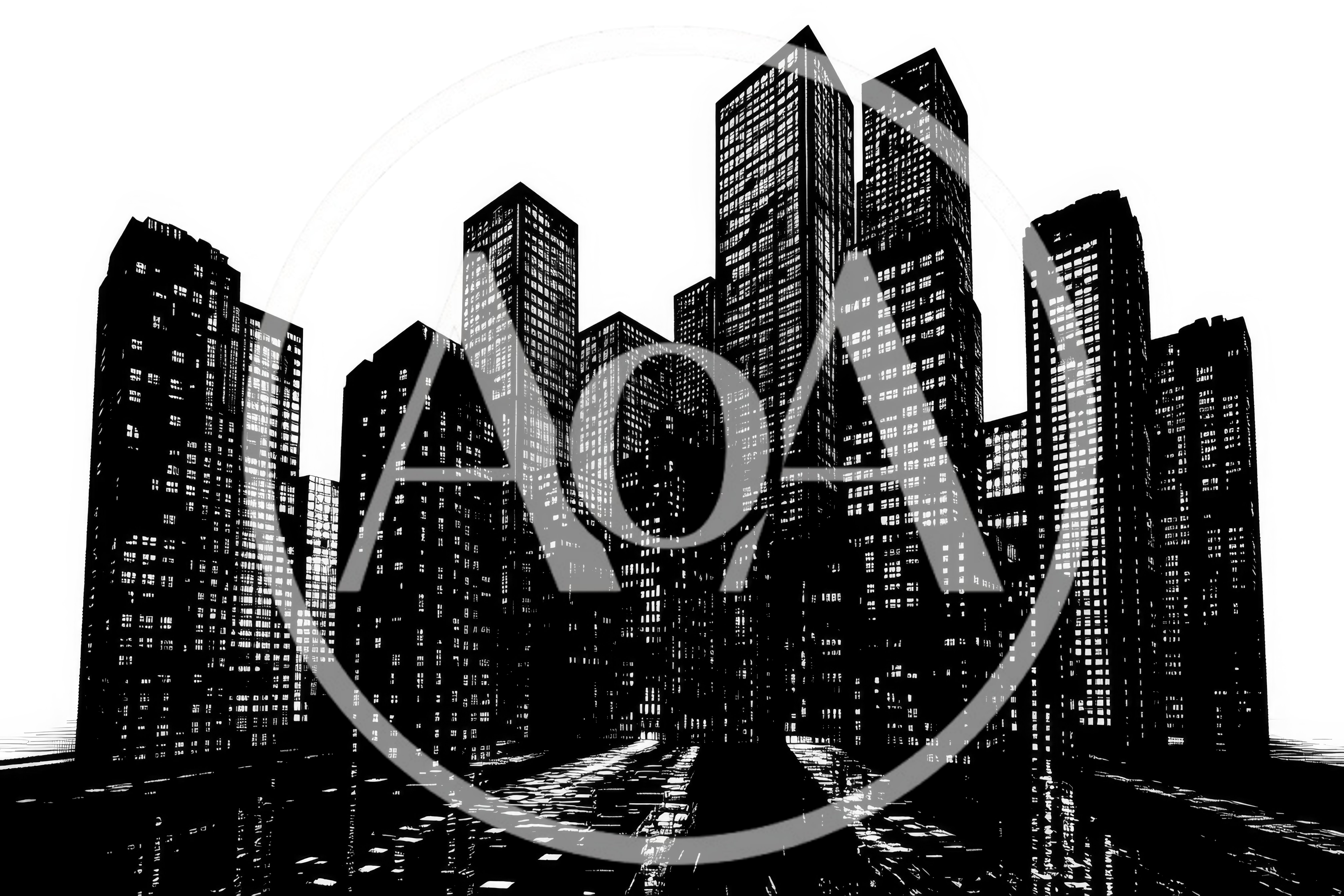 Black and White Digital Illustration of City Skyscrapers