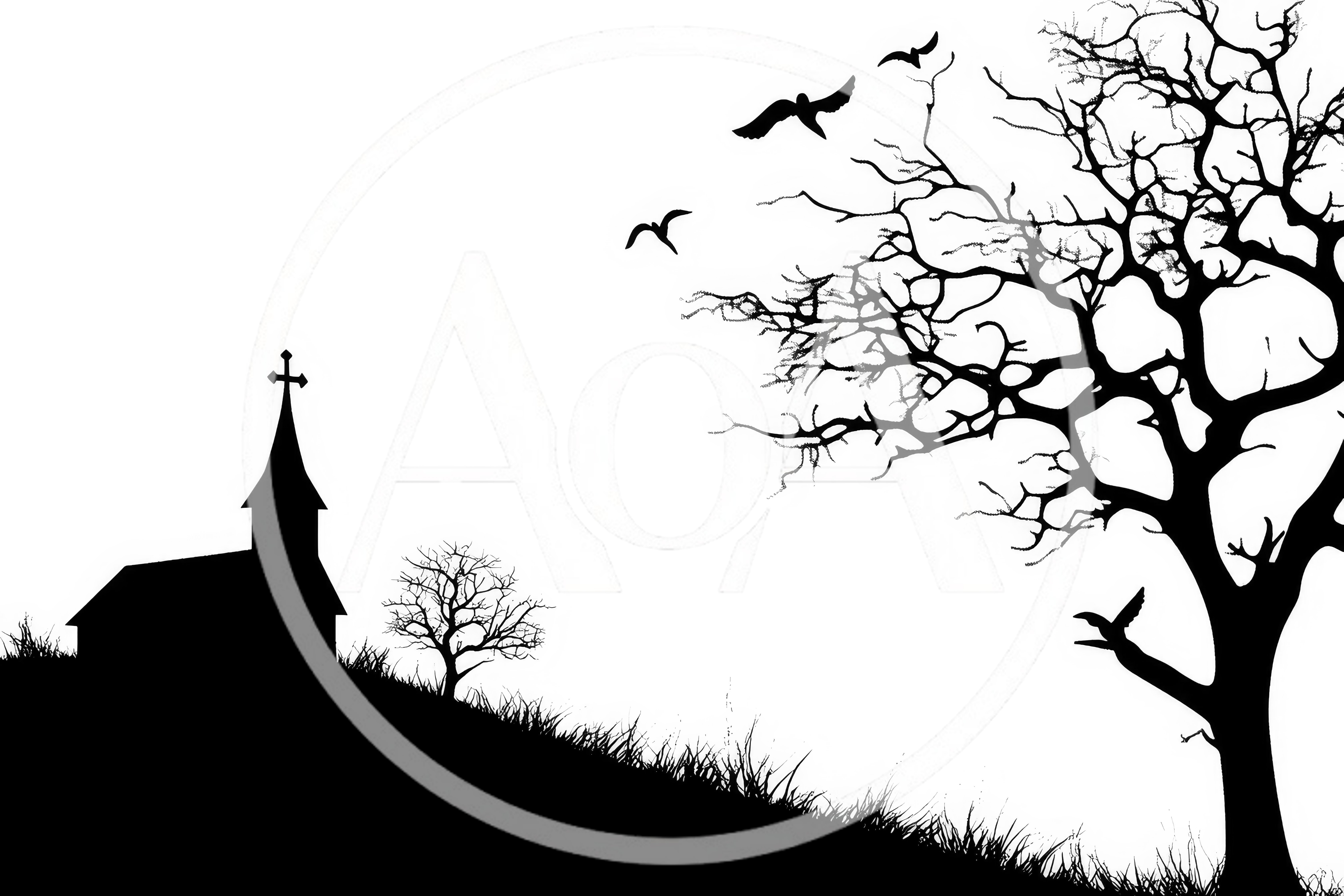 Silhouette Of A Church And Bare Tree At Sunset