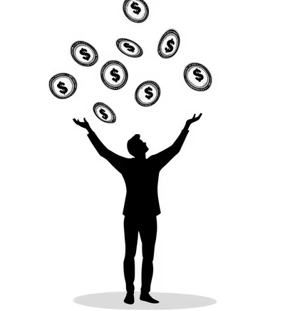 Silhouette Of A Businessman Catching Falling Dollar Coins