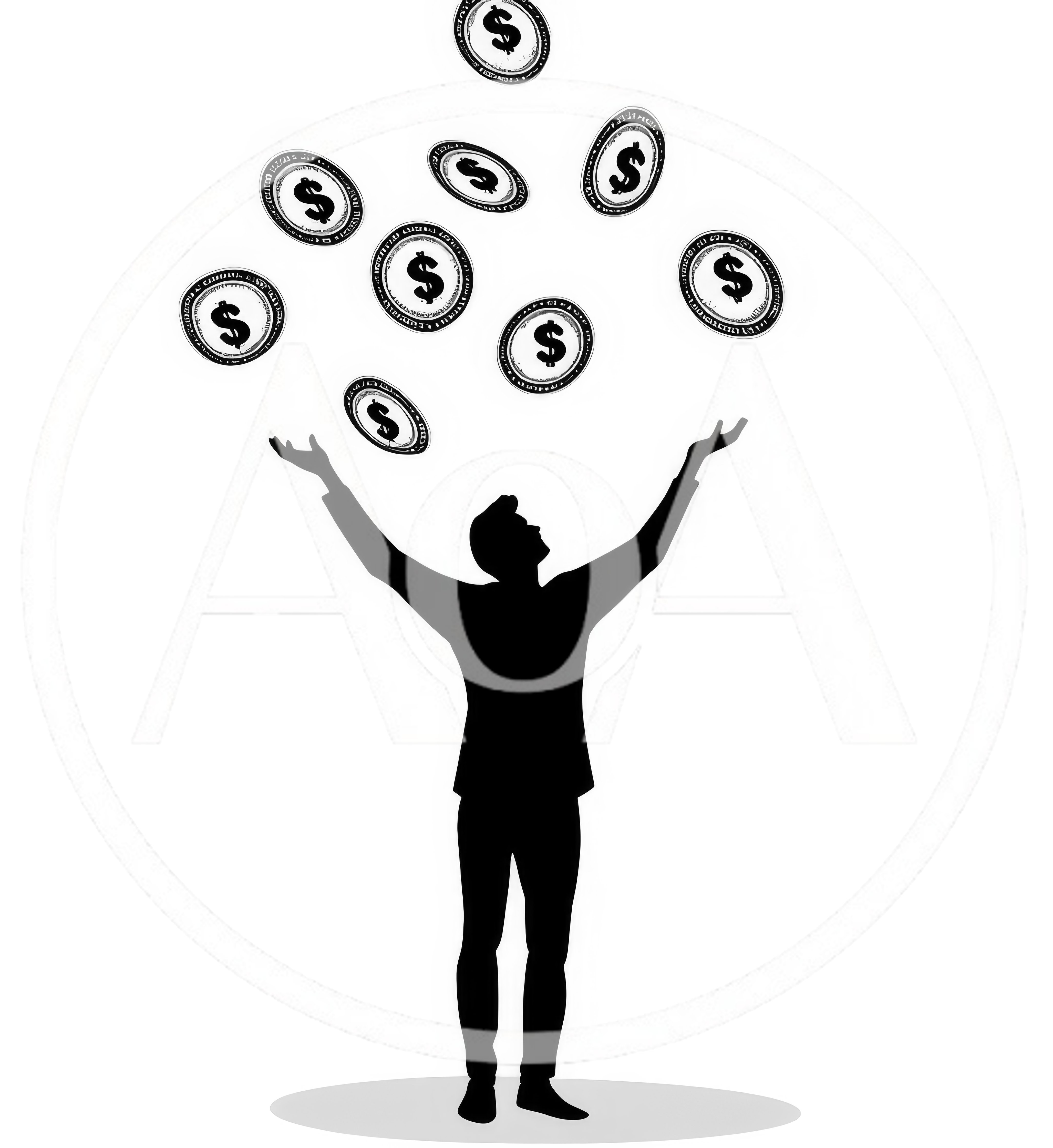 Silhouette Of A Businessman Catching Falling Dollar Coins