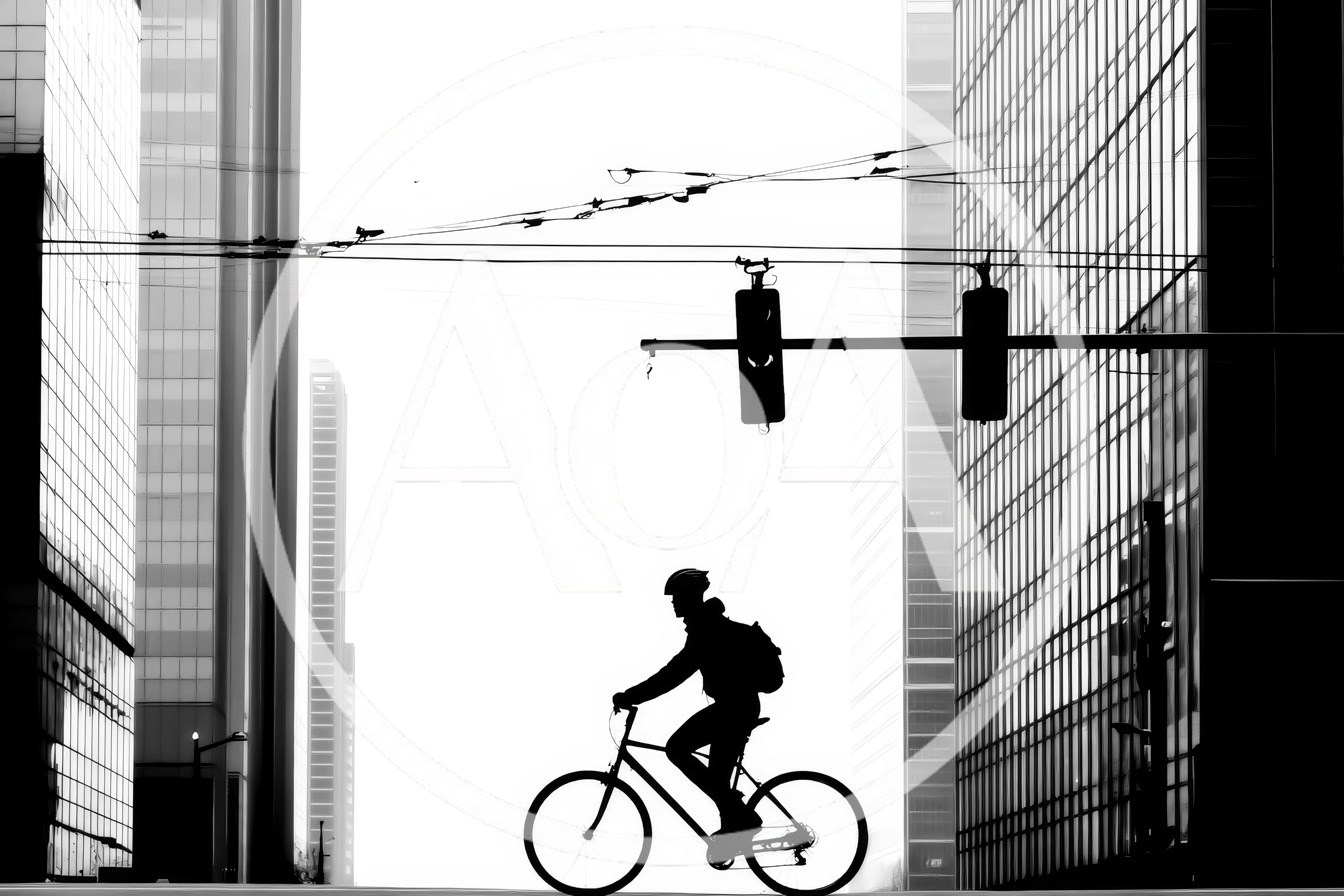 Silhouette Of A Cyclist Riding Through City Skyscrapers