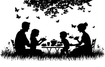 Silhouette Of A Family Having A Picnic Outdoors
