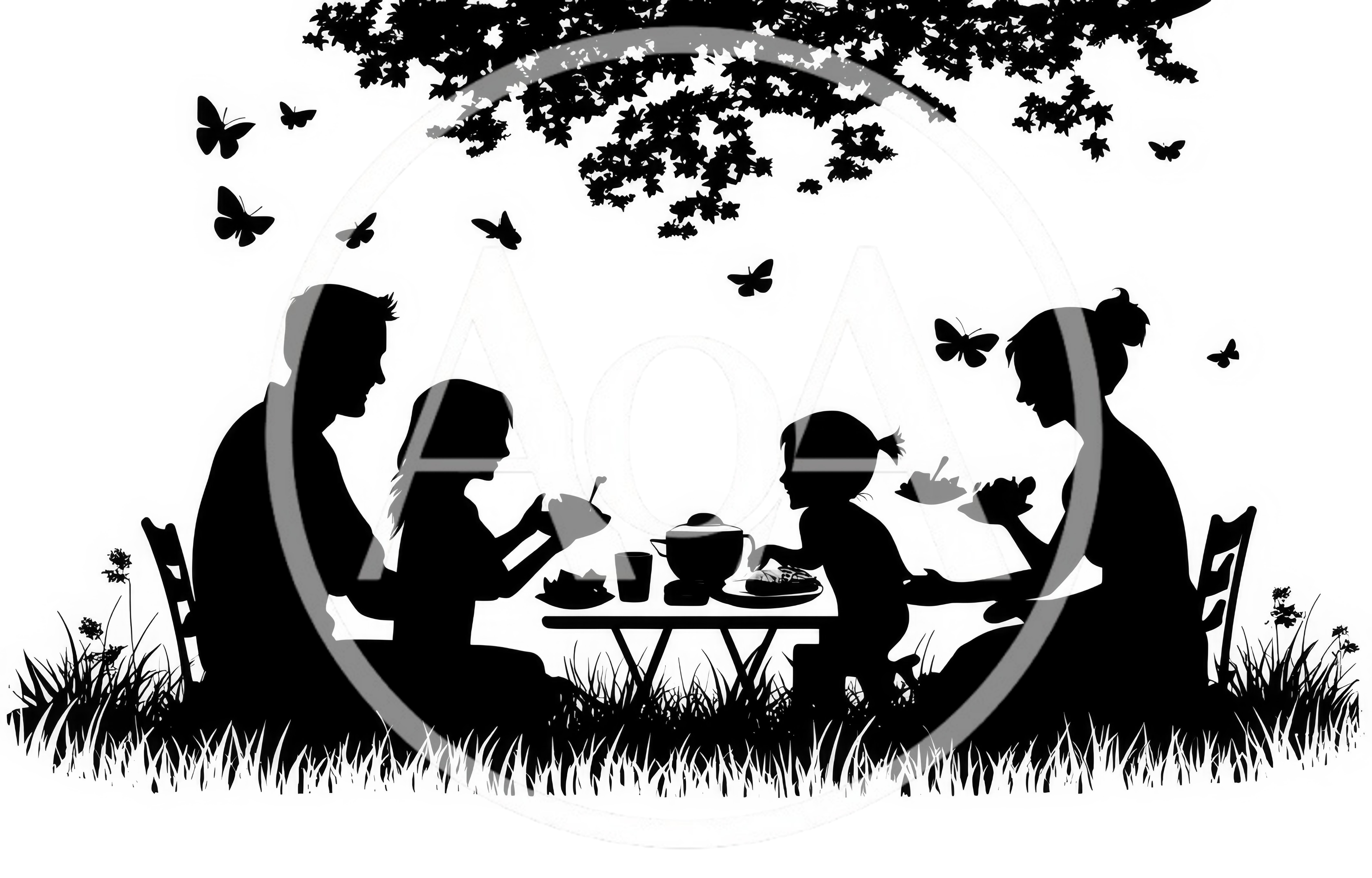Silhouette Of A Family Having A Picnic Outdoors