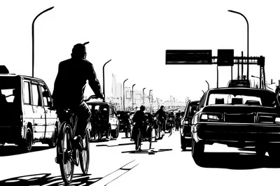 Cyclists Navigating Heavy Traffic On A City Highway