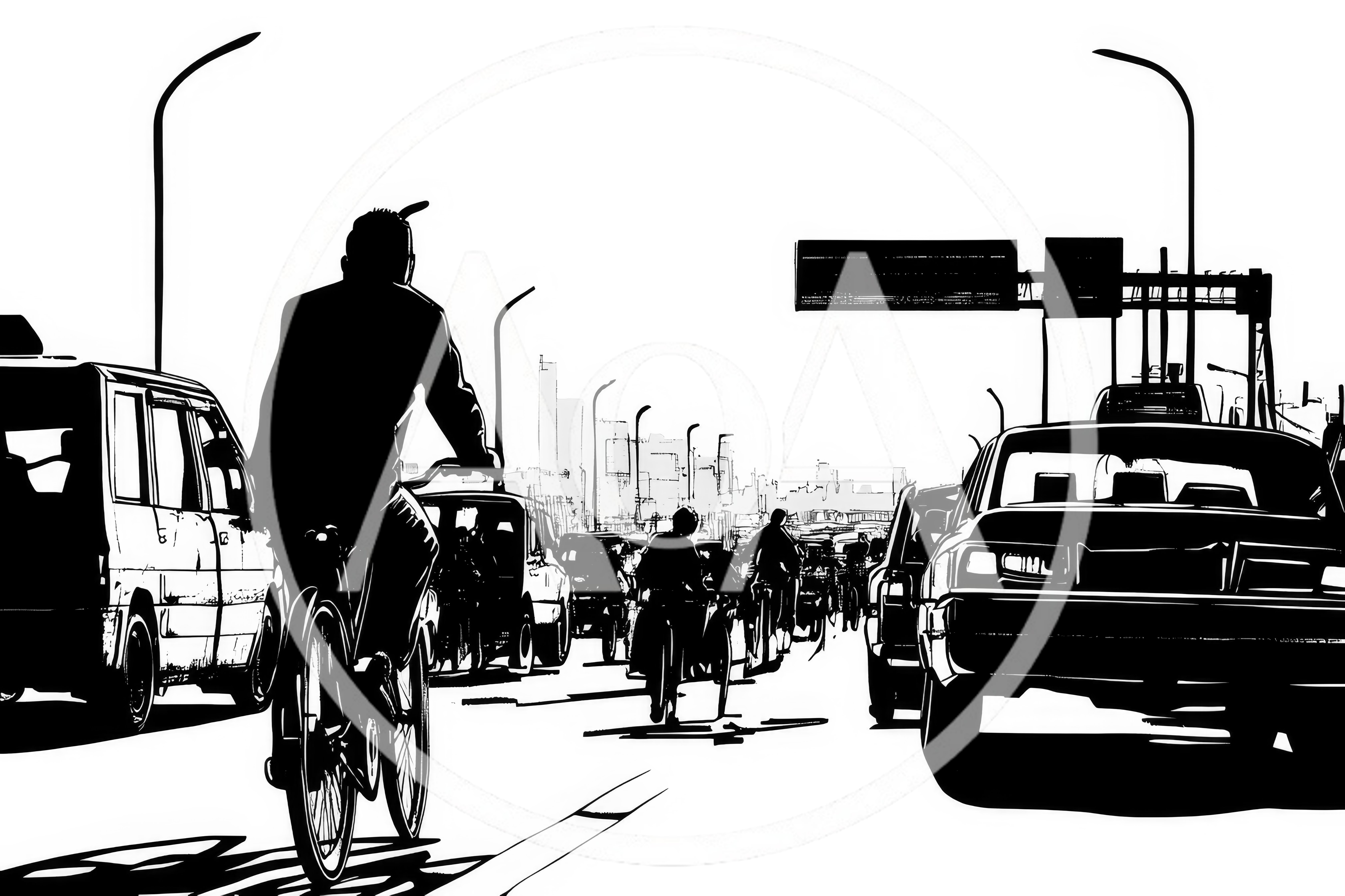 Cyclists Navigating Heavy Traffic On A City Highway