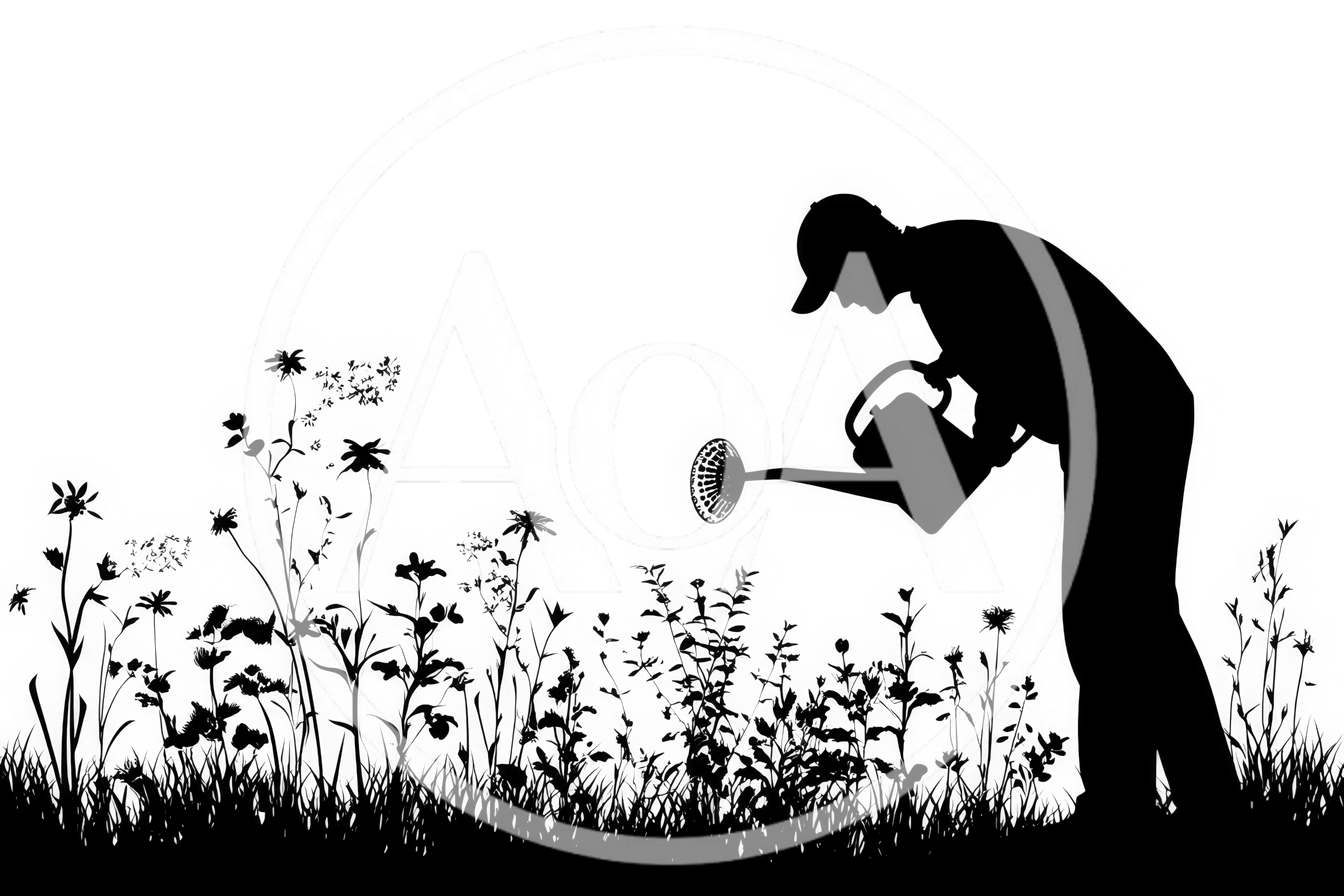 Silhouette Of A Gardener Watering Wildflowers