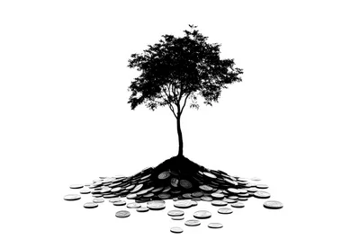 Silhouette Of A Tree Growing From A Coin Pile