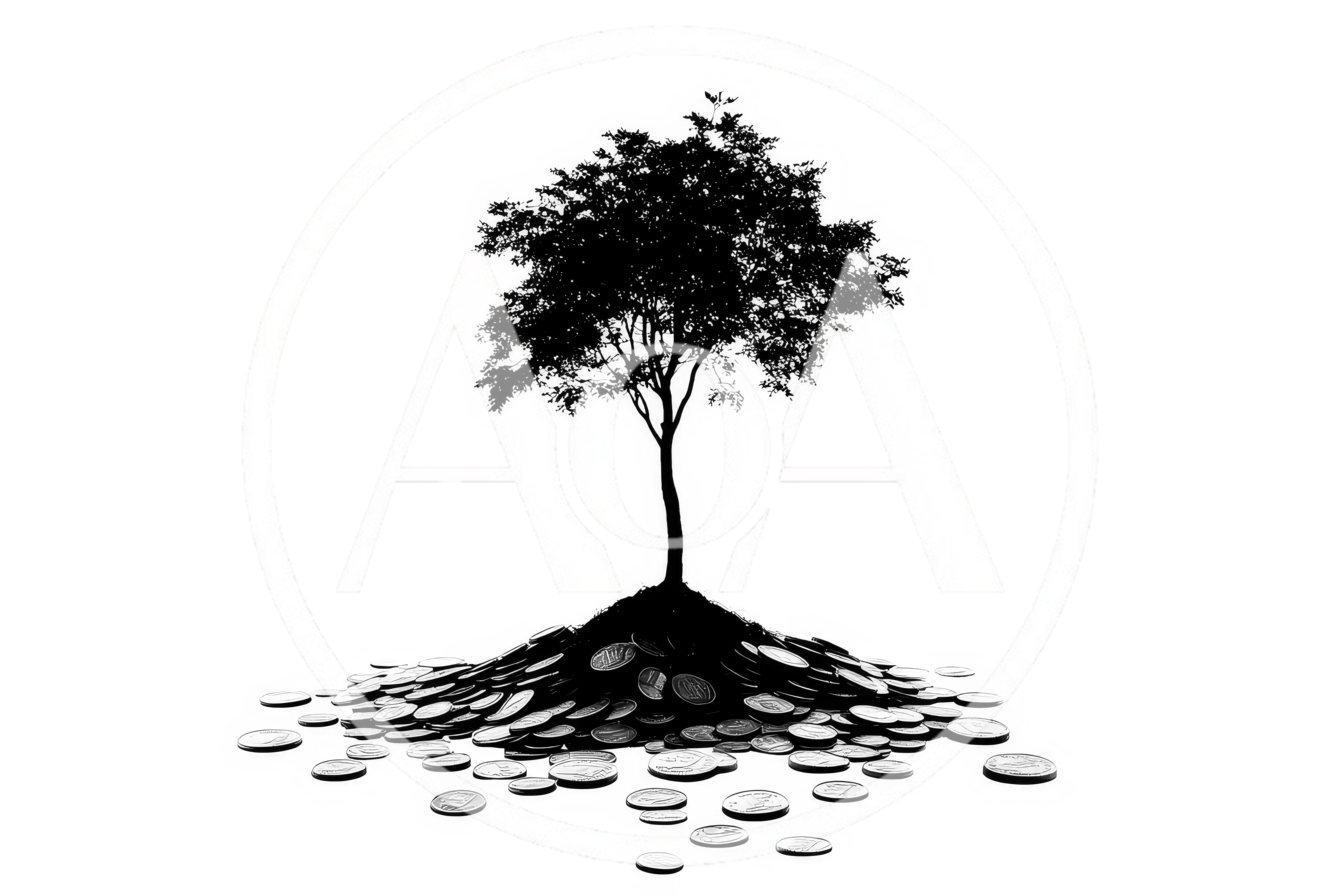 Silhouette Of A Tree Growing From A Coin Pile