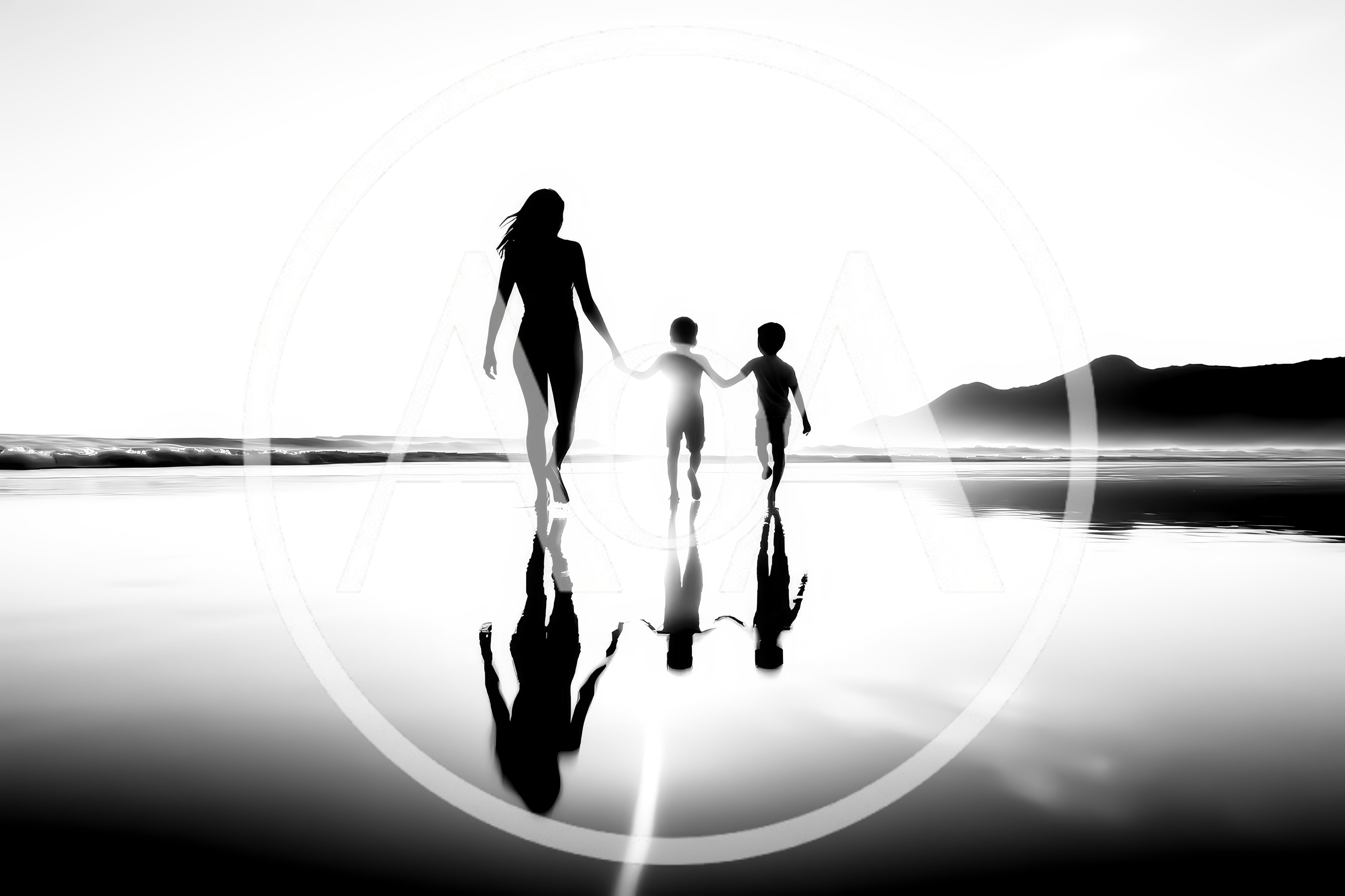 Mother Walking With Two Children On Beach At Sunset