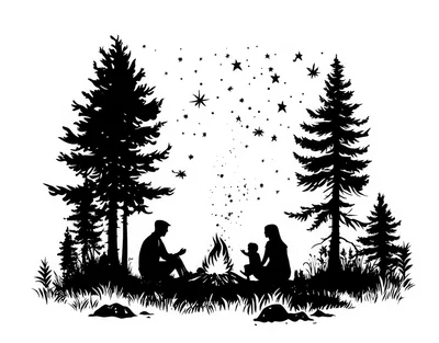 Family Silhouette Camping By A Campfire Under Stars