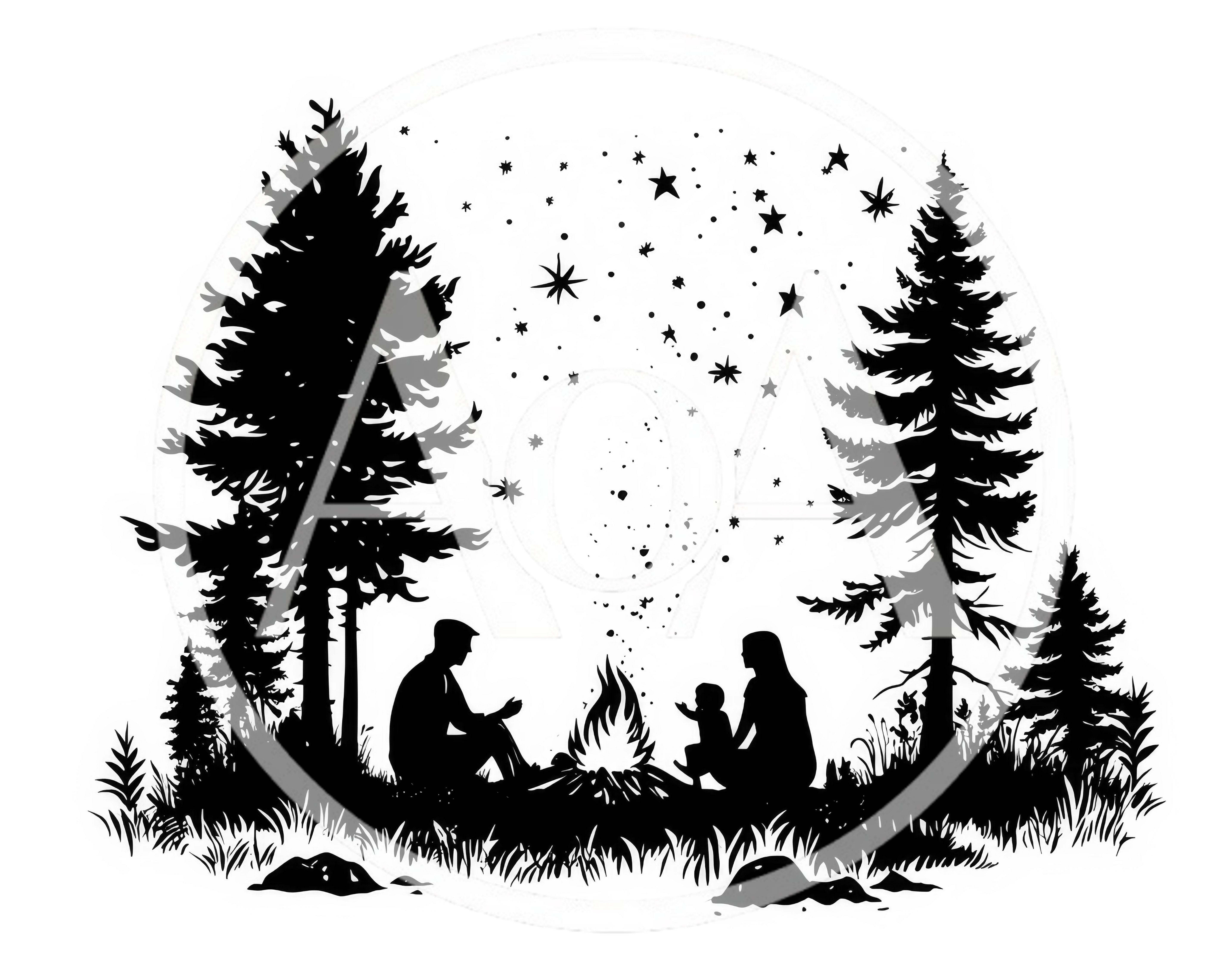 Family Silhouette Camping By A Campfire Under Stars