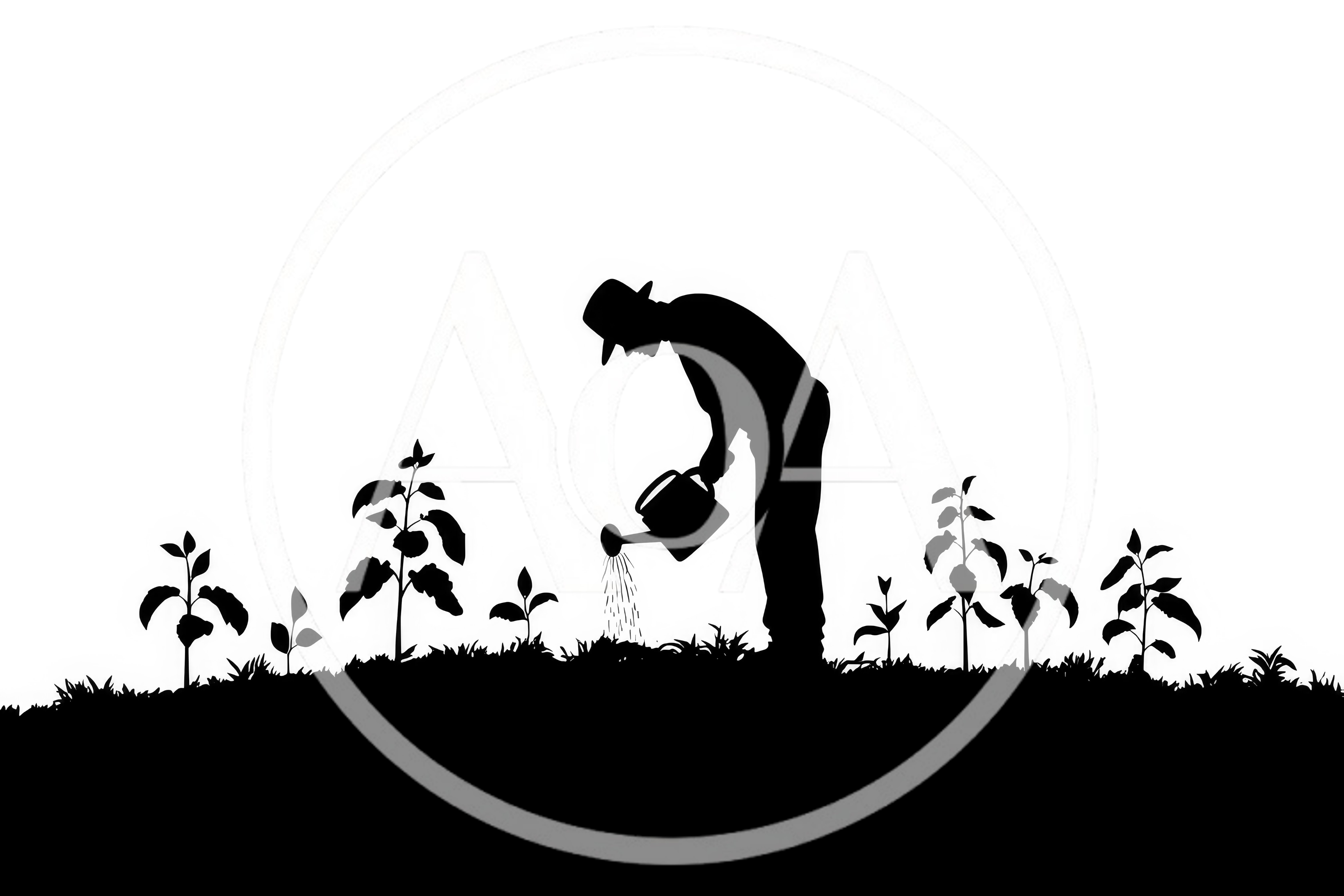 Silhouette Of A Farmer Watering Young Plants