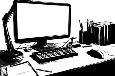 Black And White Sketch Of A Home Office Desk