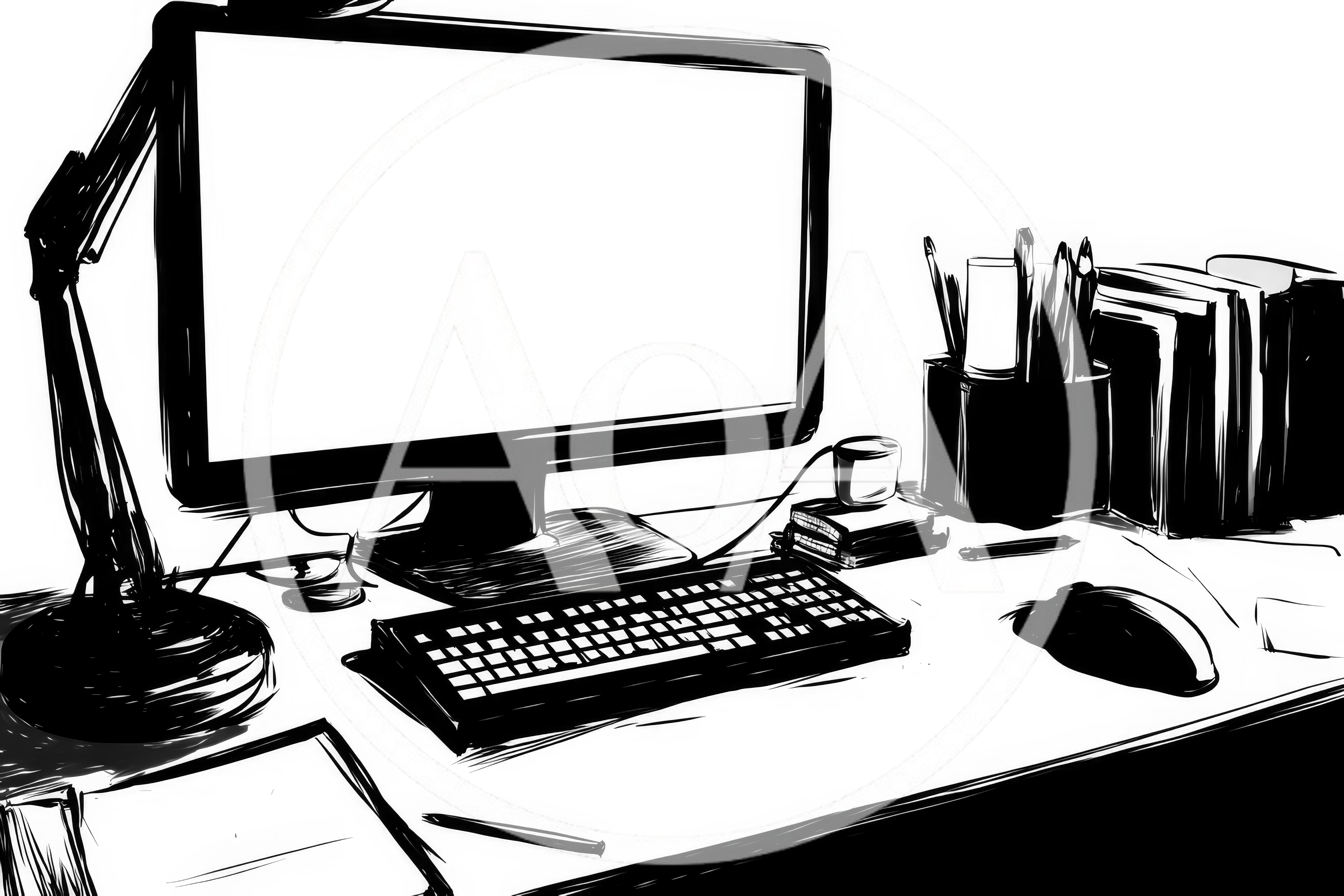 Black And White Sketch Of A Home Office Desk