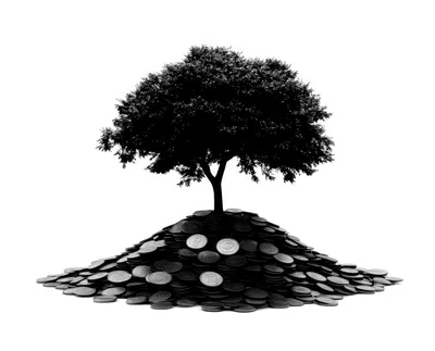 Black Silhouette Tree Growing From A Pile Of Coins