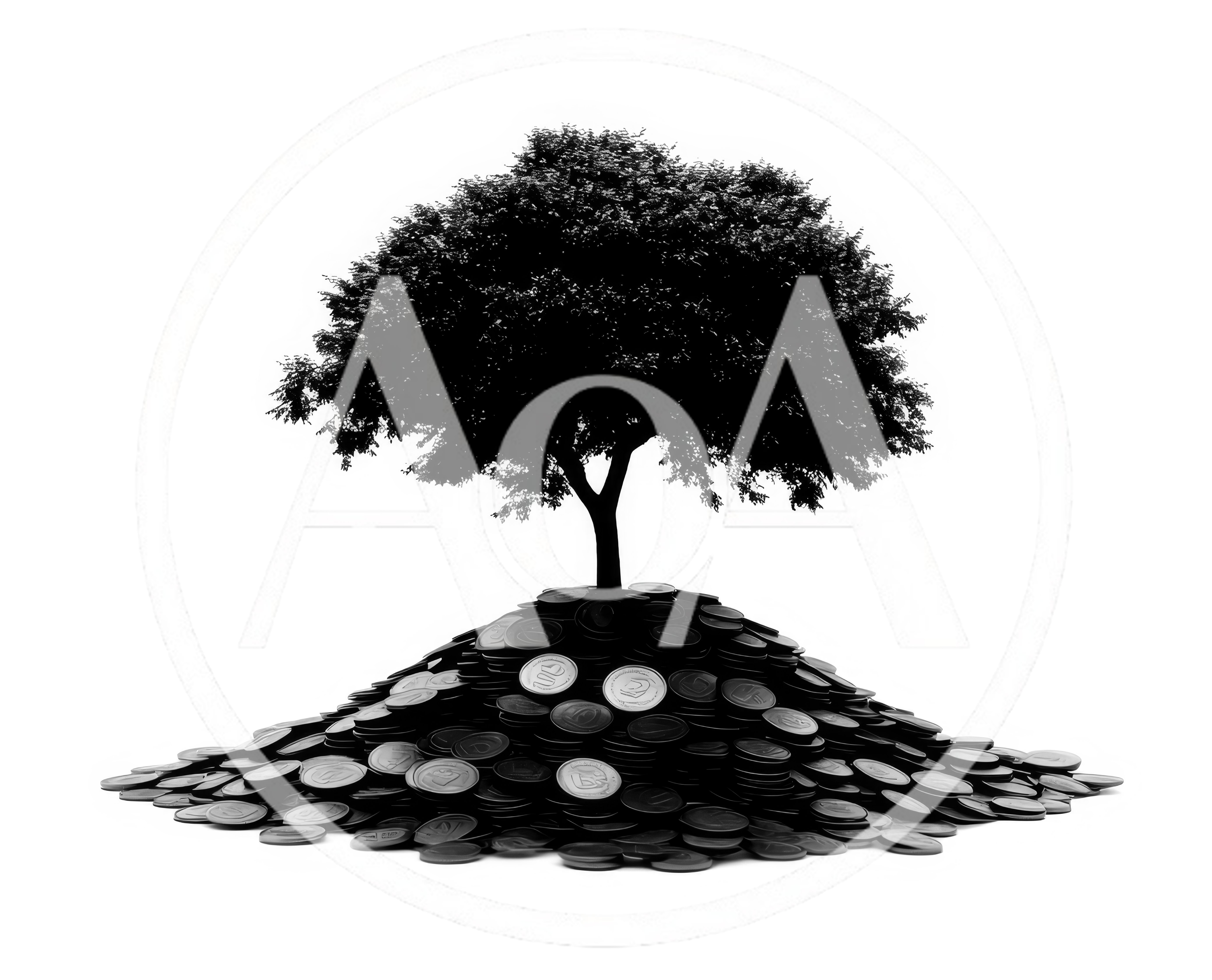 Black Silhouette Tree Growing From A Pile Of Coins