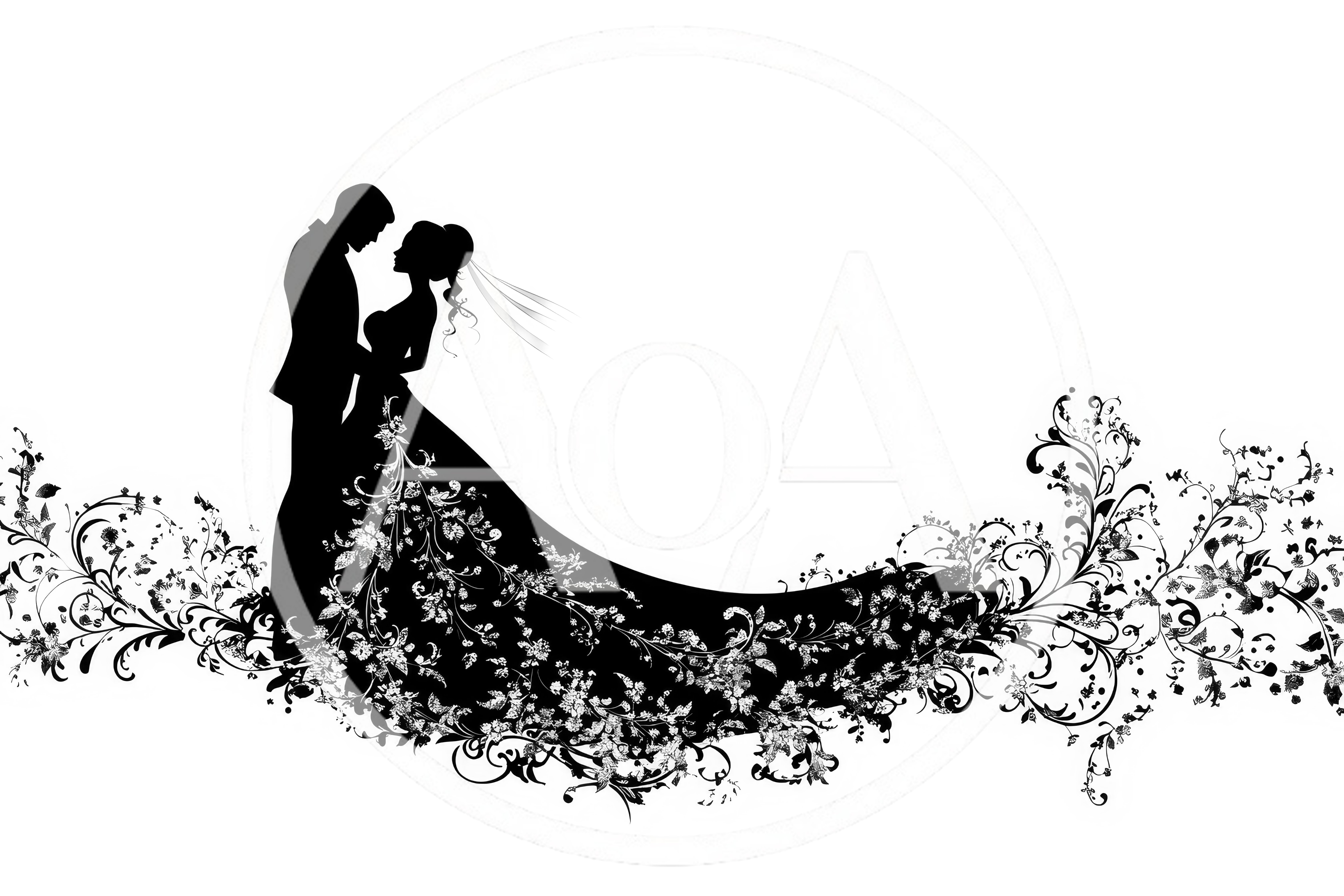 Silhouette Of A Bride And Groom With Floral Dress