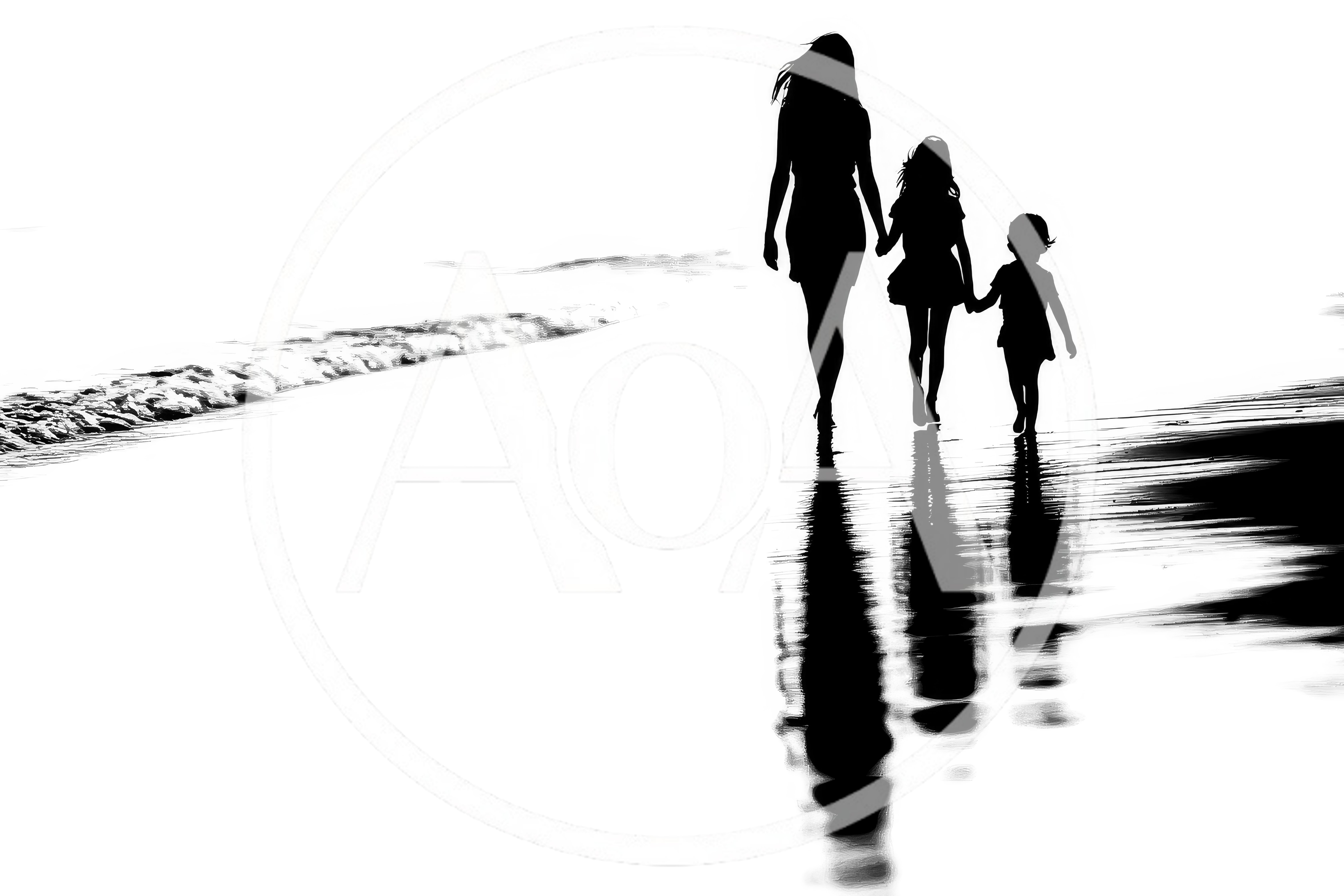 Mother And Two Daughters Walking On Beach Silhouette