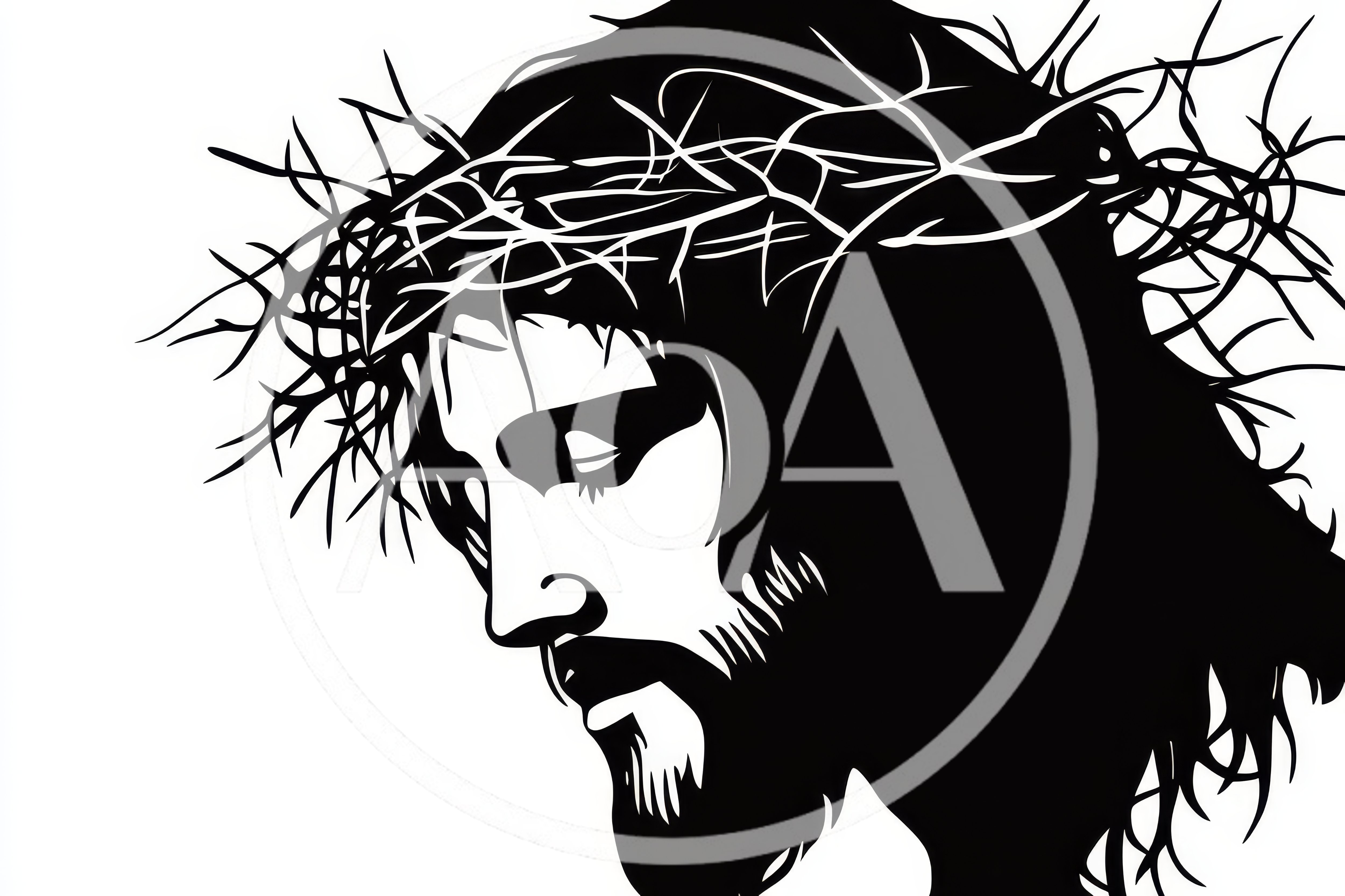 Black And White Illustration Of Jesus With Crown