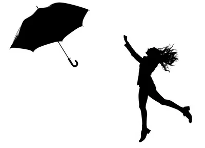 Silhouette Of A Woman Jumping Towards A Flying Umbrella