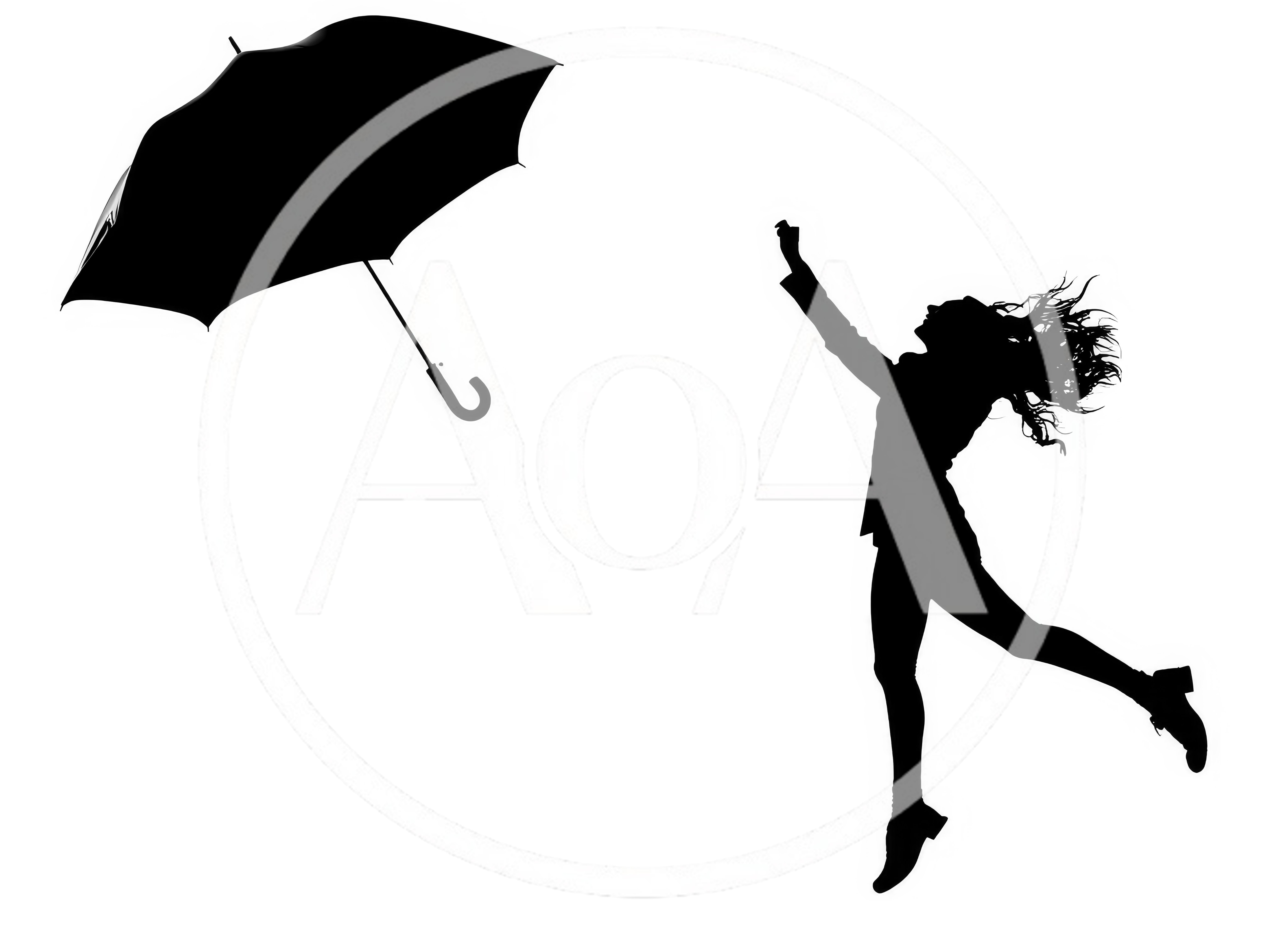 Silhouette Of A Woman Jumping Towards A Flying Umbrella