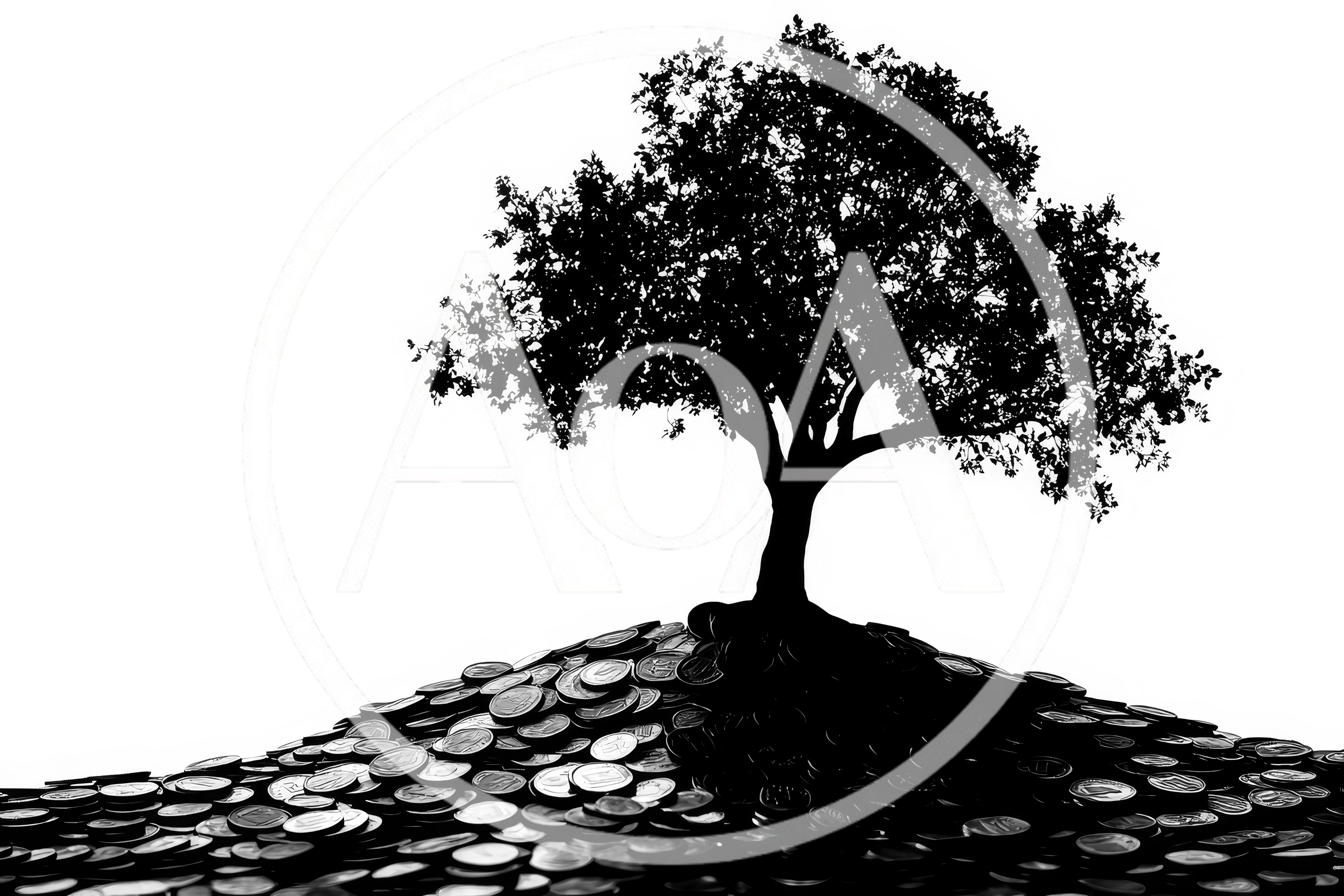 Silhouette Of A Tree Growing From A Pile Of Coins