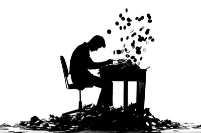 Silhouette Of A Person Working At A Desk With Coins