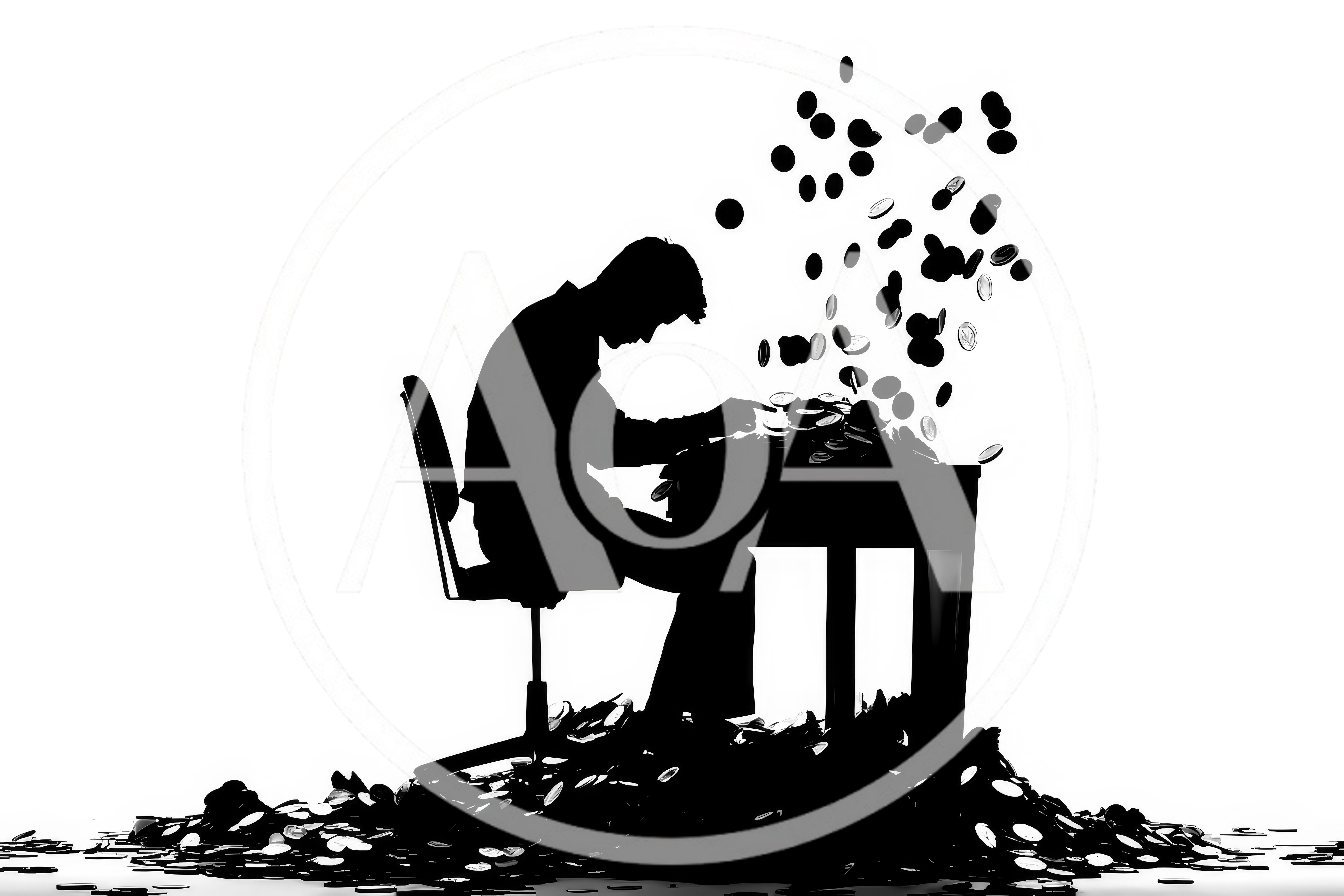 Silhouette Of A Person Working At A Desk With Coins