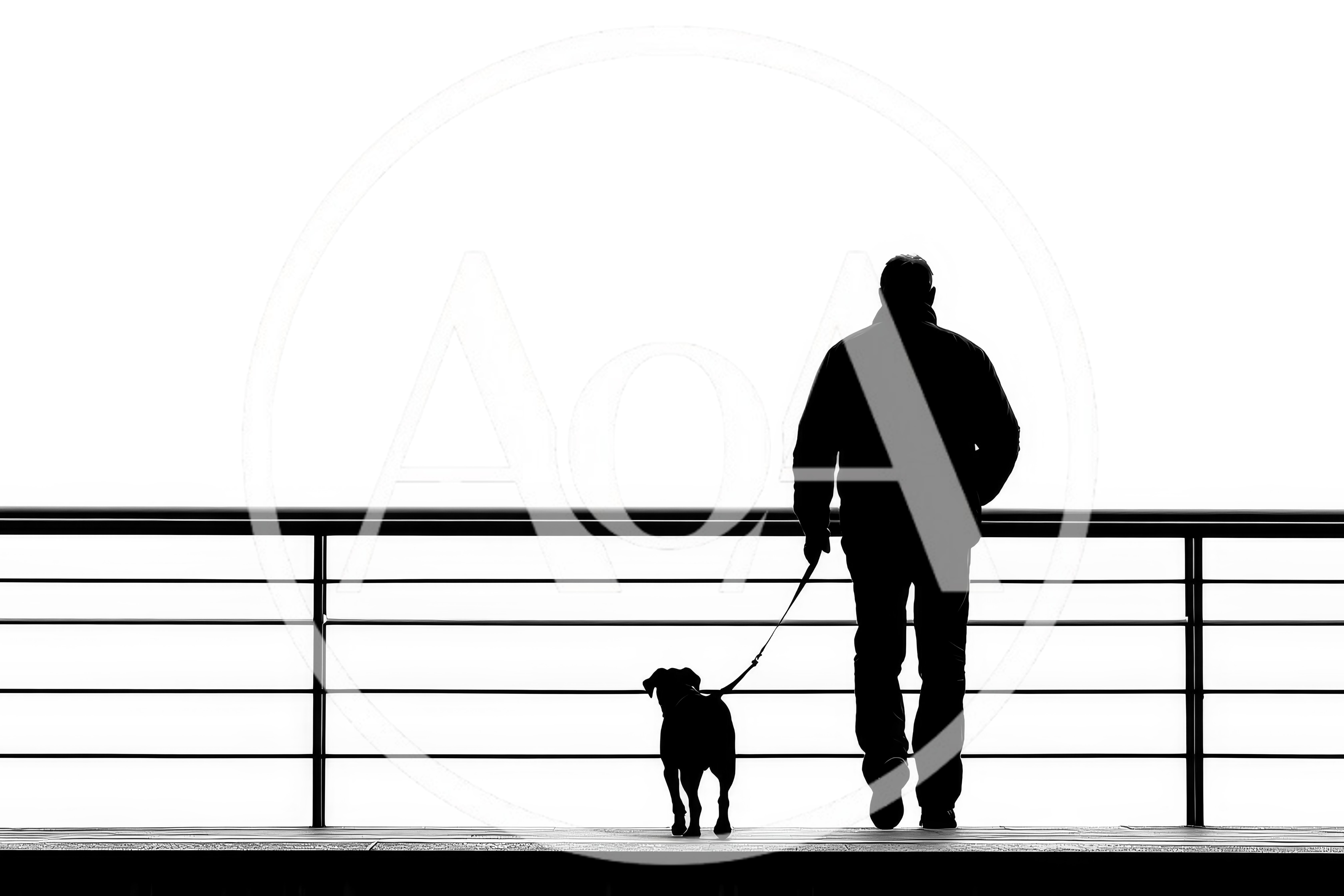 Silhouette Of A Man Walking His Dog On Deck