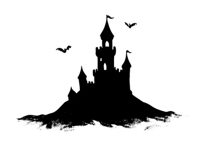 Black Silhouette Of A Spooky Castle With Flying Bats
