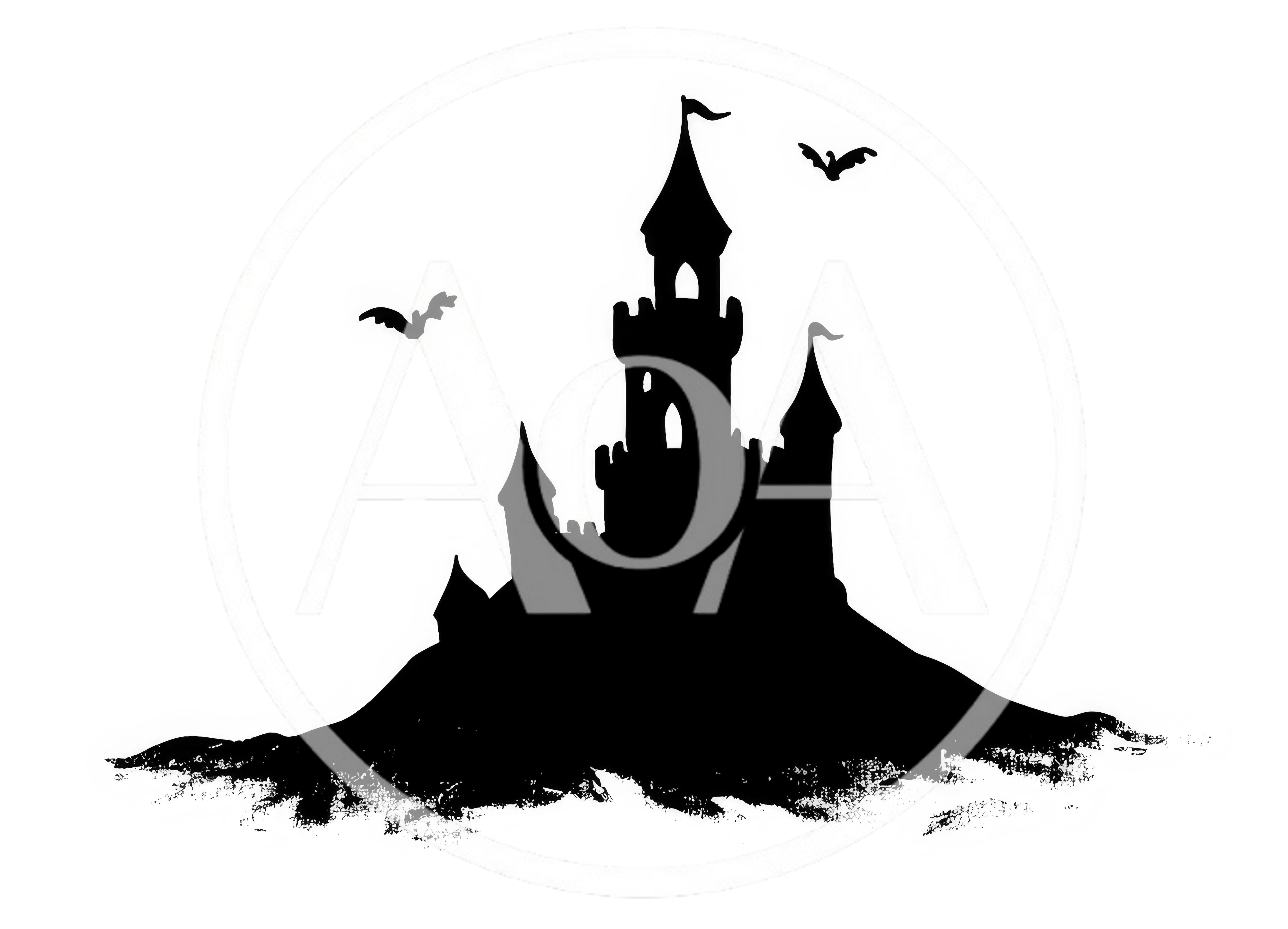 Black Silhouette Of A Spooky Castle With Flying Bats