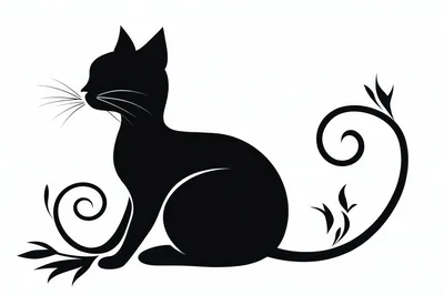 Black Cat Silhouette With Decorative Floral Swirls