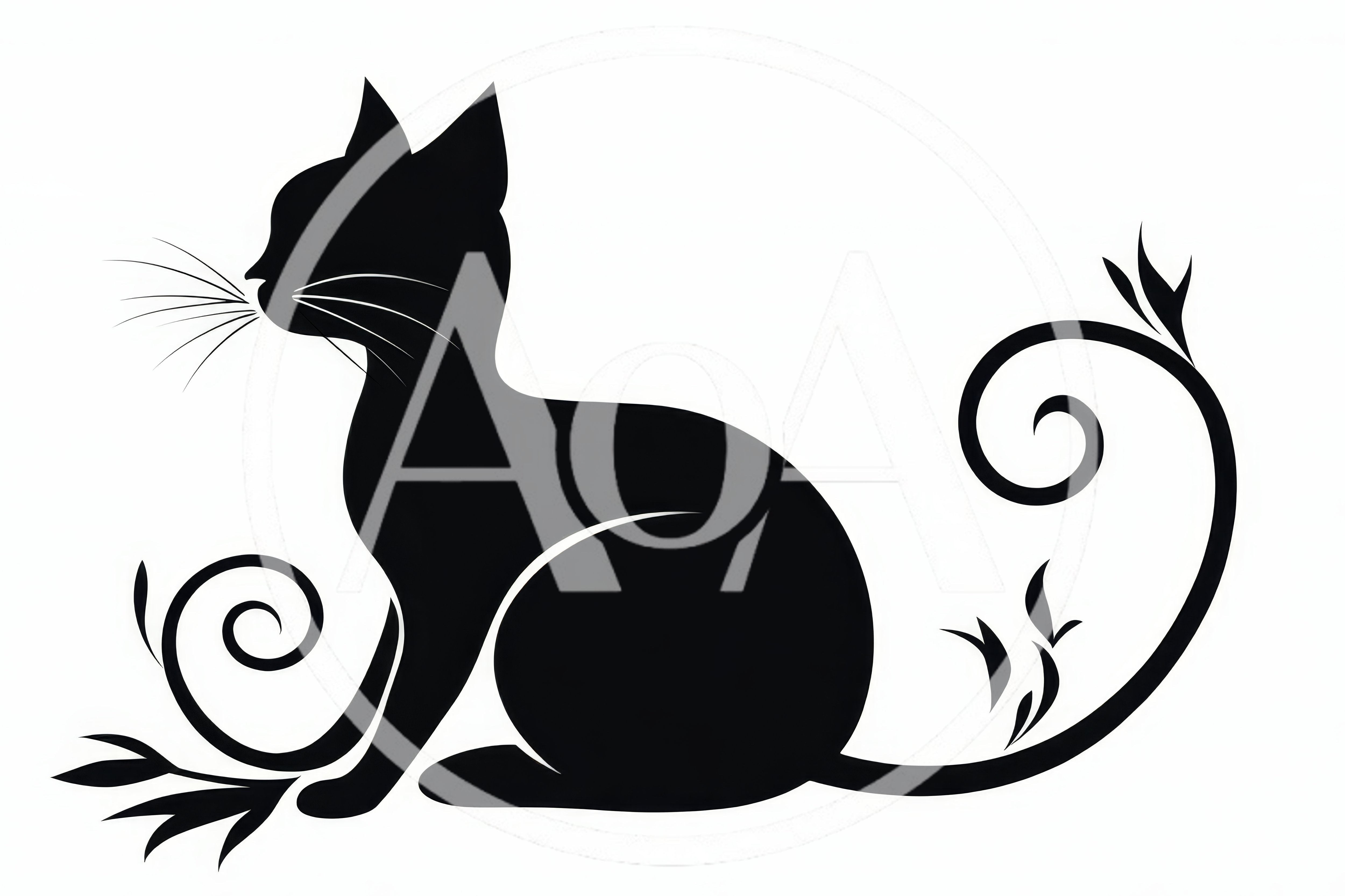 Black Cat Silhouette With Decorative Floral Swirls