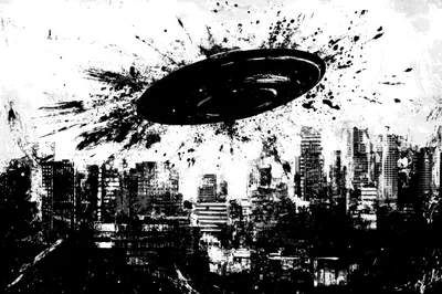 Abstract Ink Splatter UFO Over A Dystopian City
