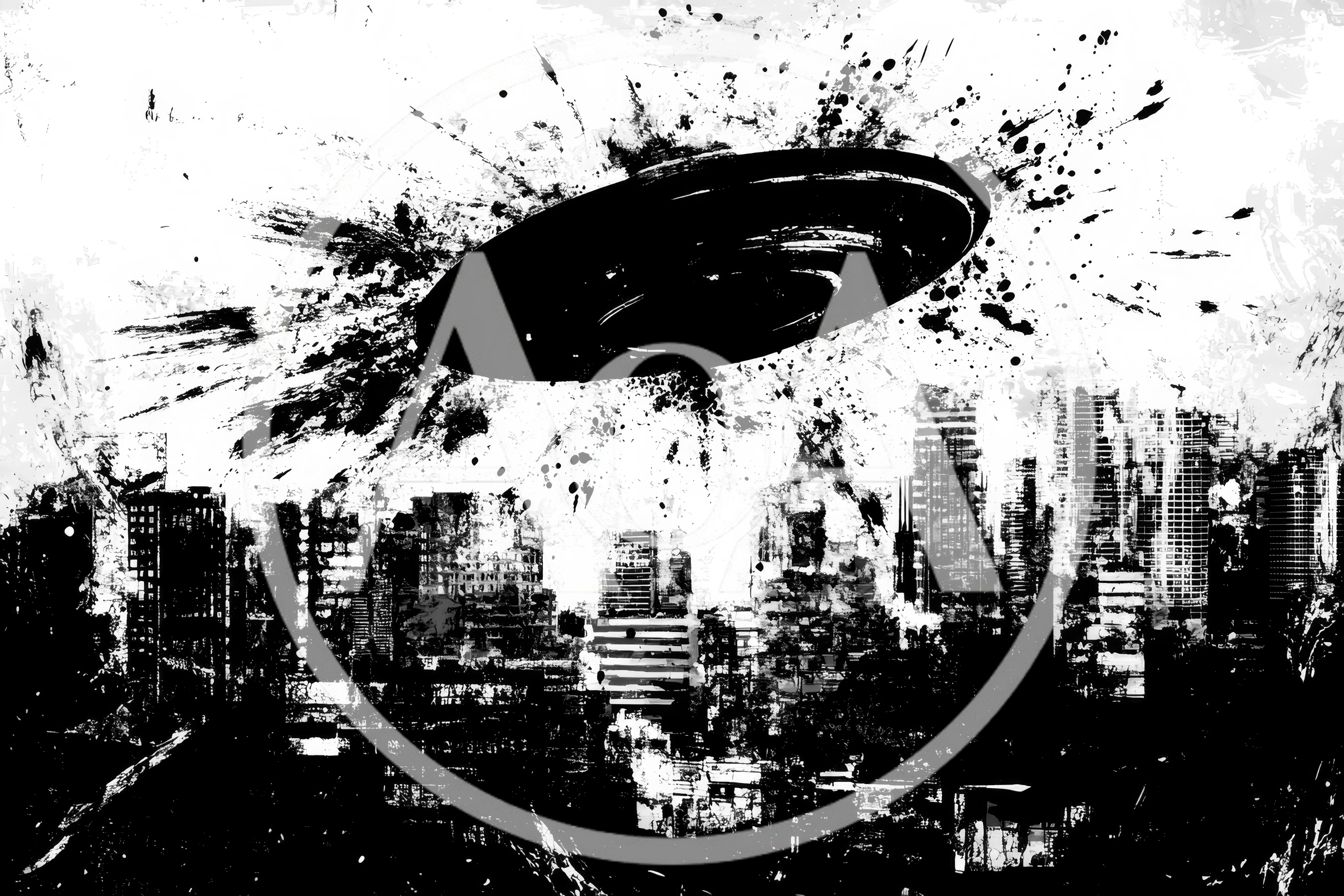 Abstract Ink Splatter UFO Over A Dystopian City