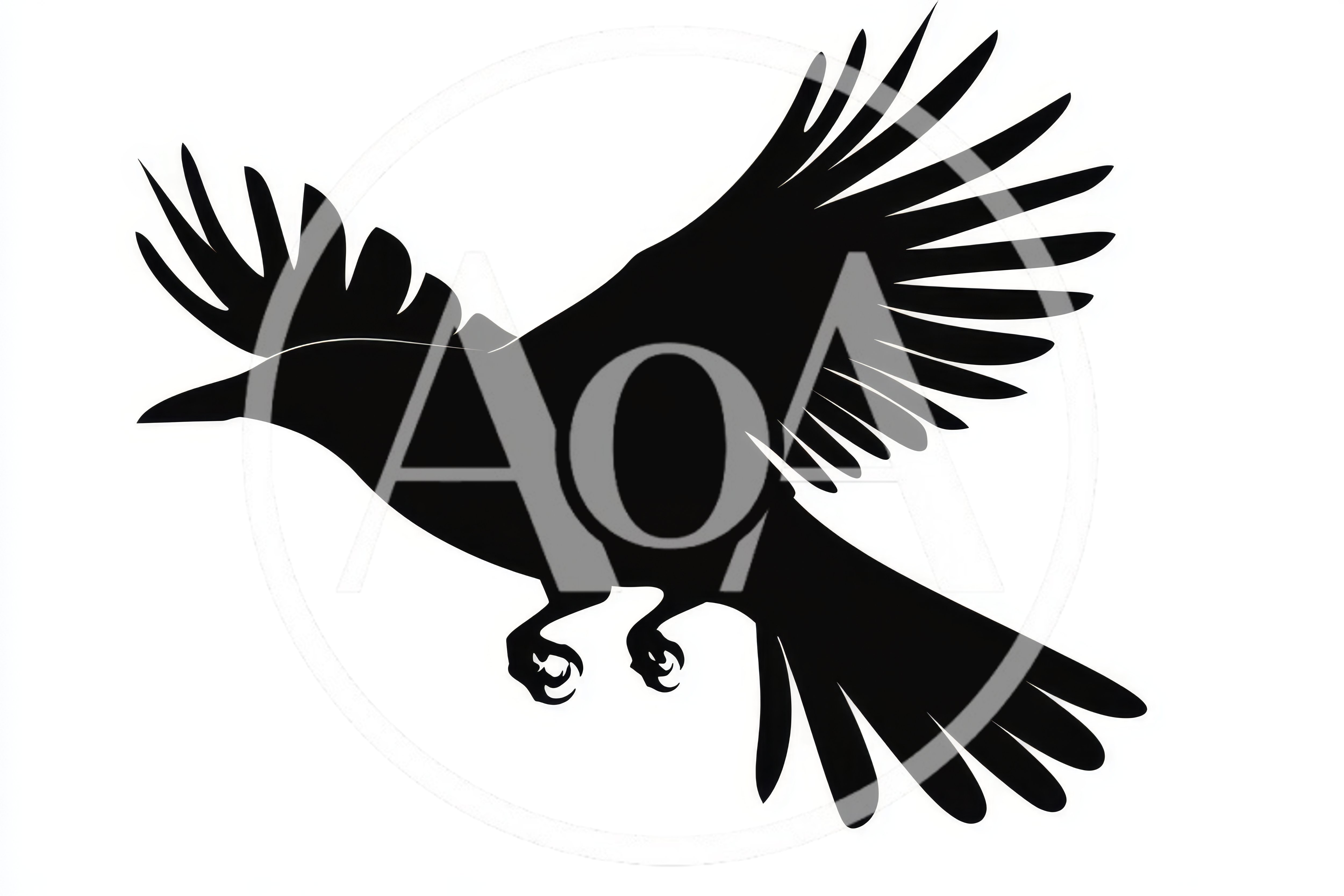 Black Raven Silhouette Flying Against White Background