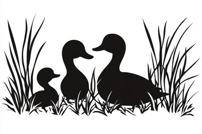 Silhouette Illustration Of A Duck Family In Reeds