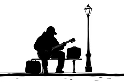 Silhouette Of A Street Musician Playing Guitar On Bench