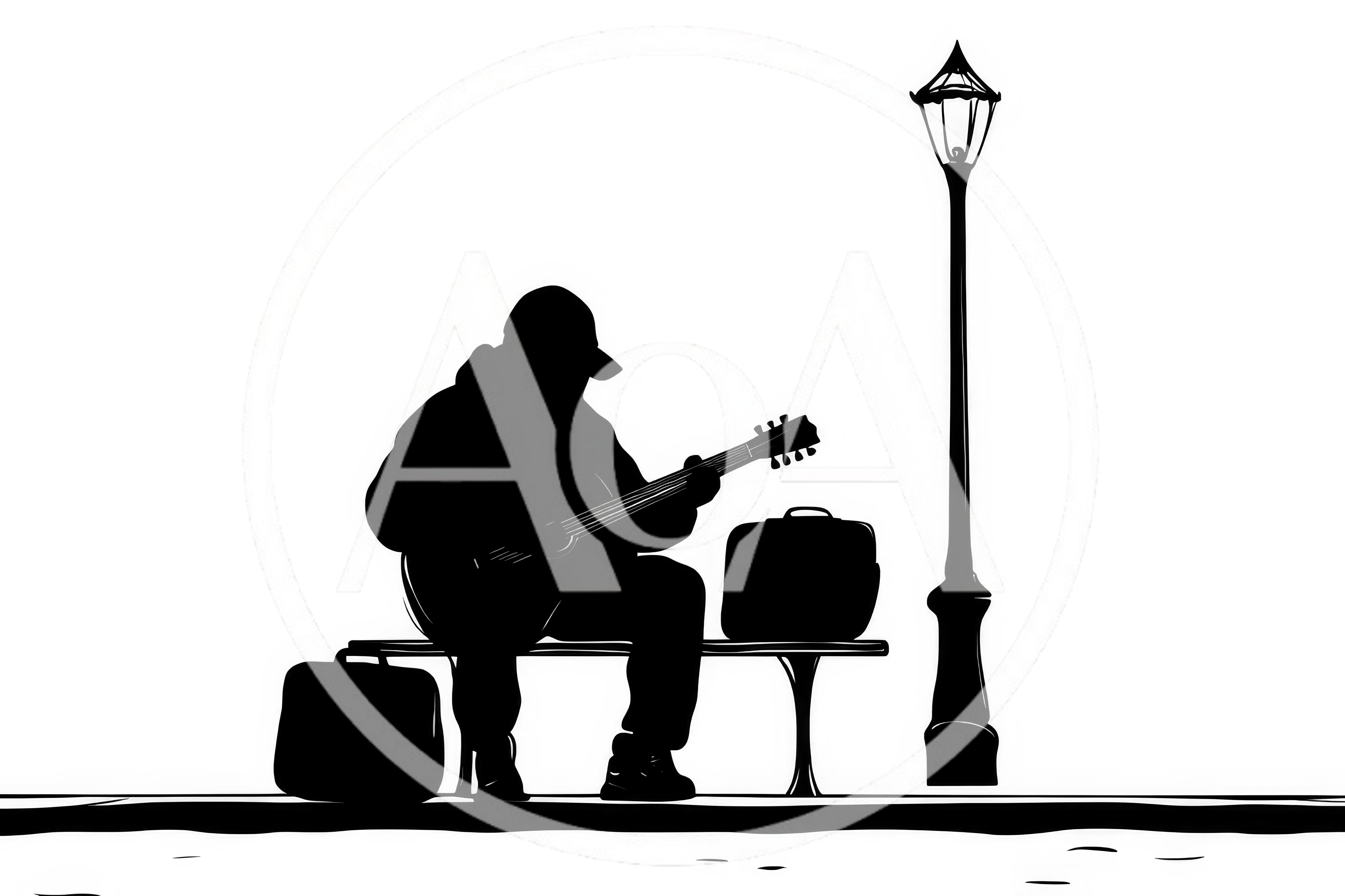 Silhouette Of A Street Musician Playing Guitar On Bench
