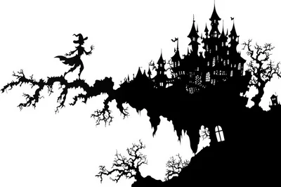 Spooky Witch Silhouette On Haunted Castle Branch