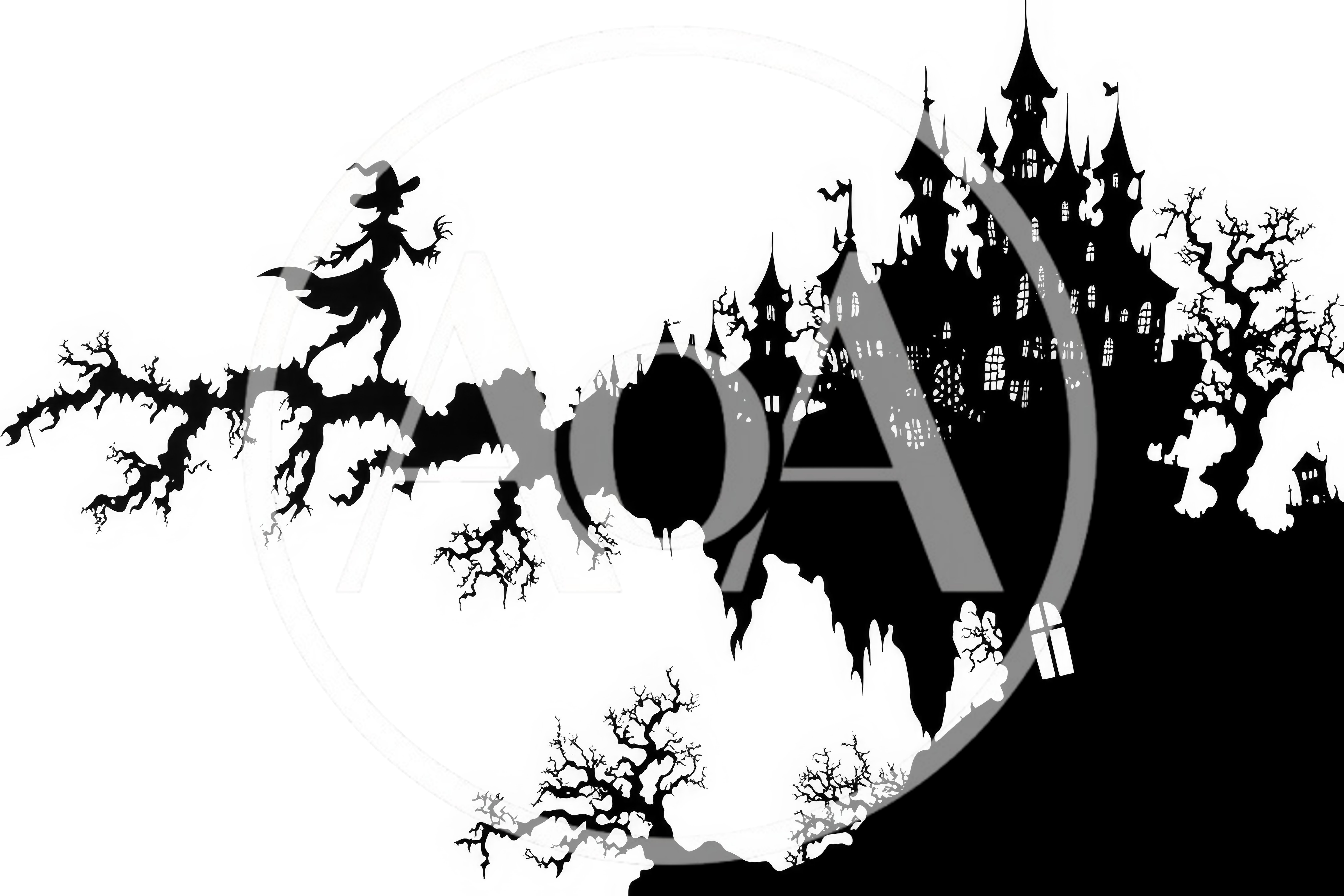 Spooky Witch Silhouette On Haunted Castle Branch